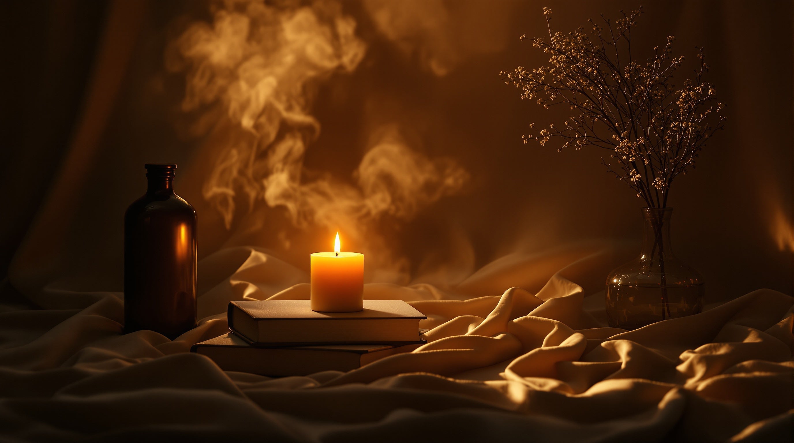 Warm candlelight and drifting fragrant mist on draped silk