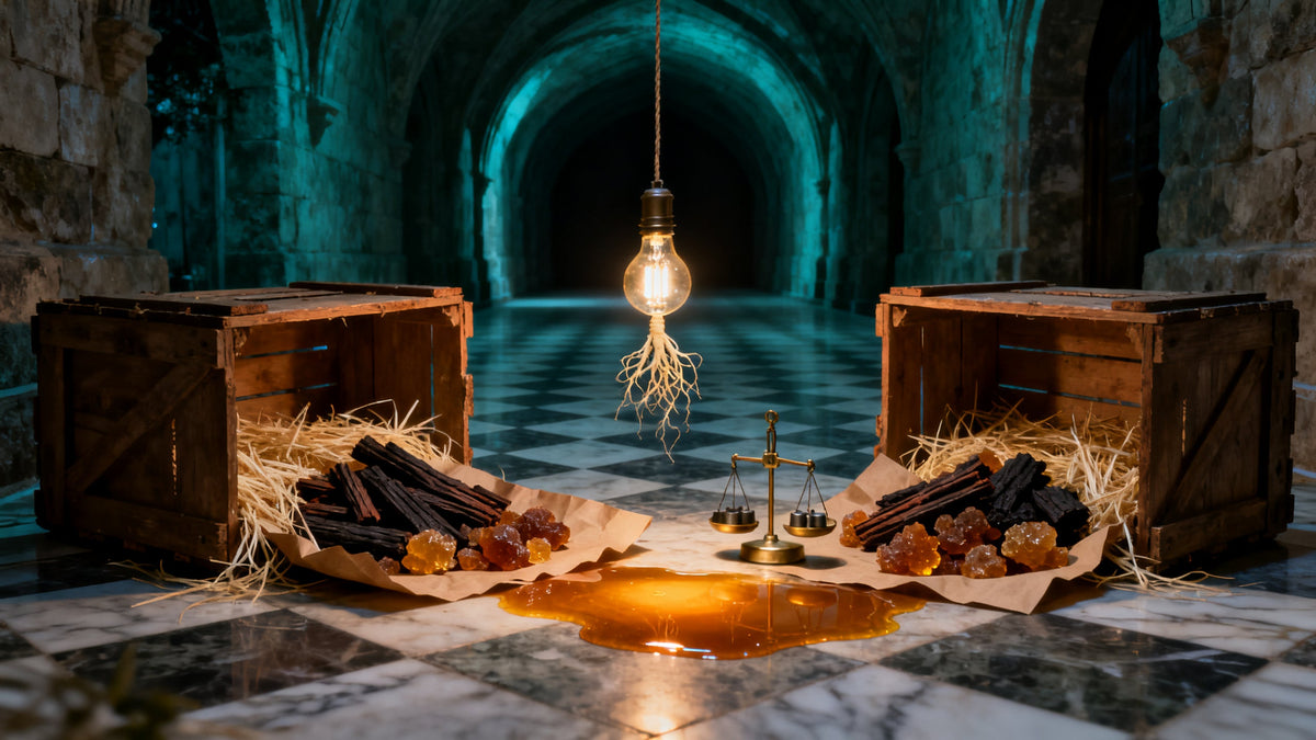 A dim customs hall at night where split wooden crates spill straw, oud shards and resin sit heaped on kraft paper beside a brass balance scale, a pool of amber glows from inside the stone floor.