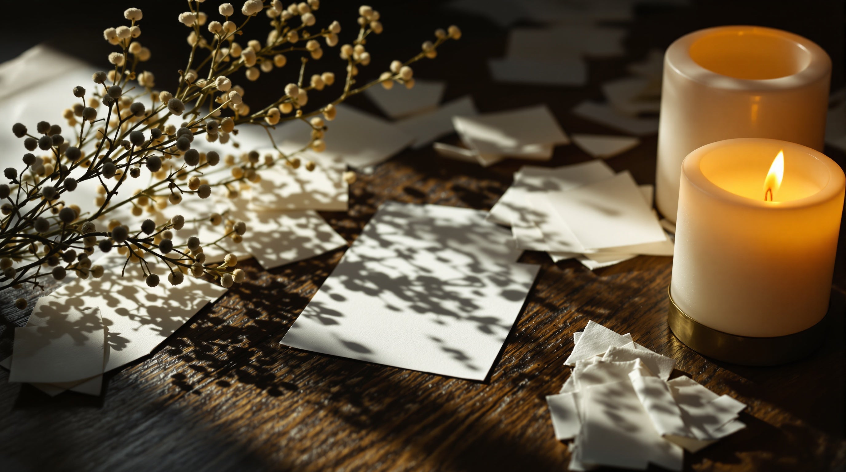 Candlelit scent blotters and dried botanicals