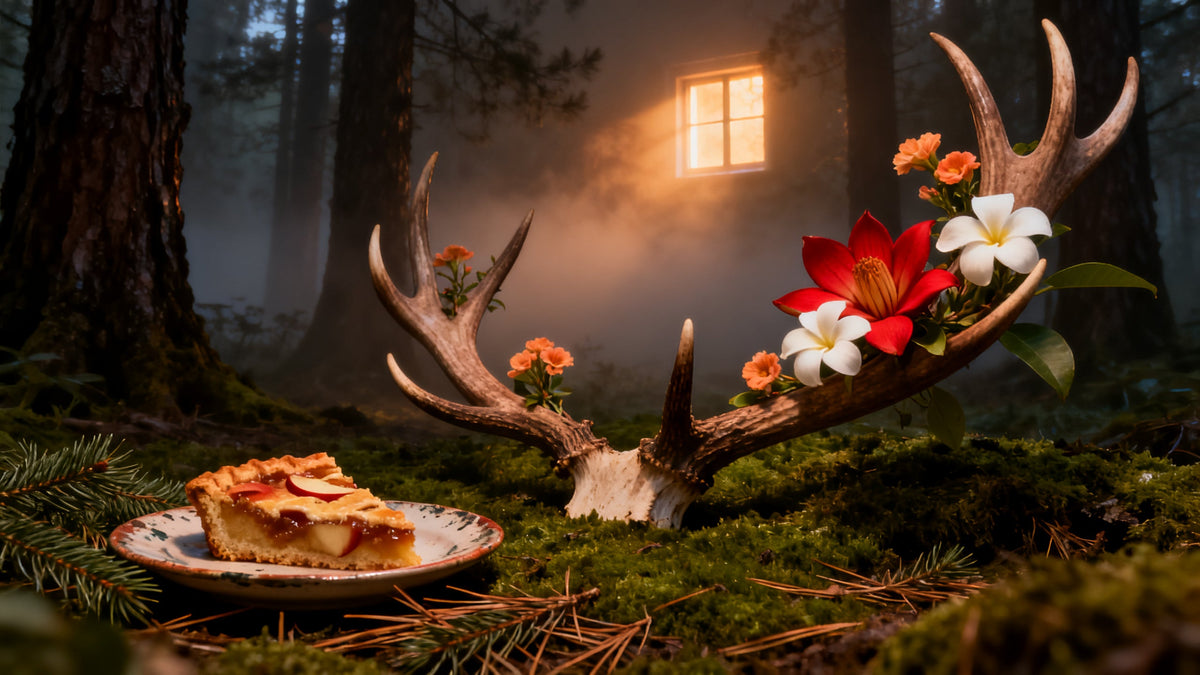 A shed deer antler on forest moss sprouting champaca, frangipani and osmanthus flowers beside a slice of apple pie and fir needles, with pine trunks and one lit window in still mist behind.