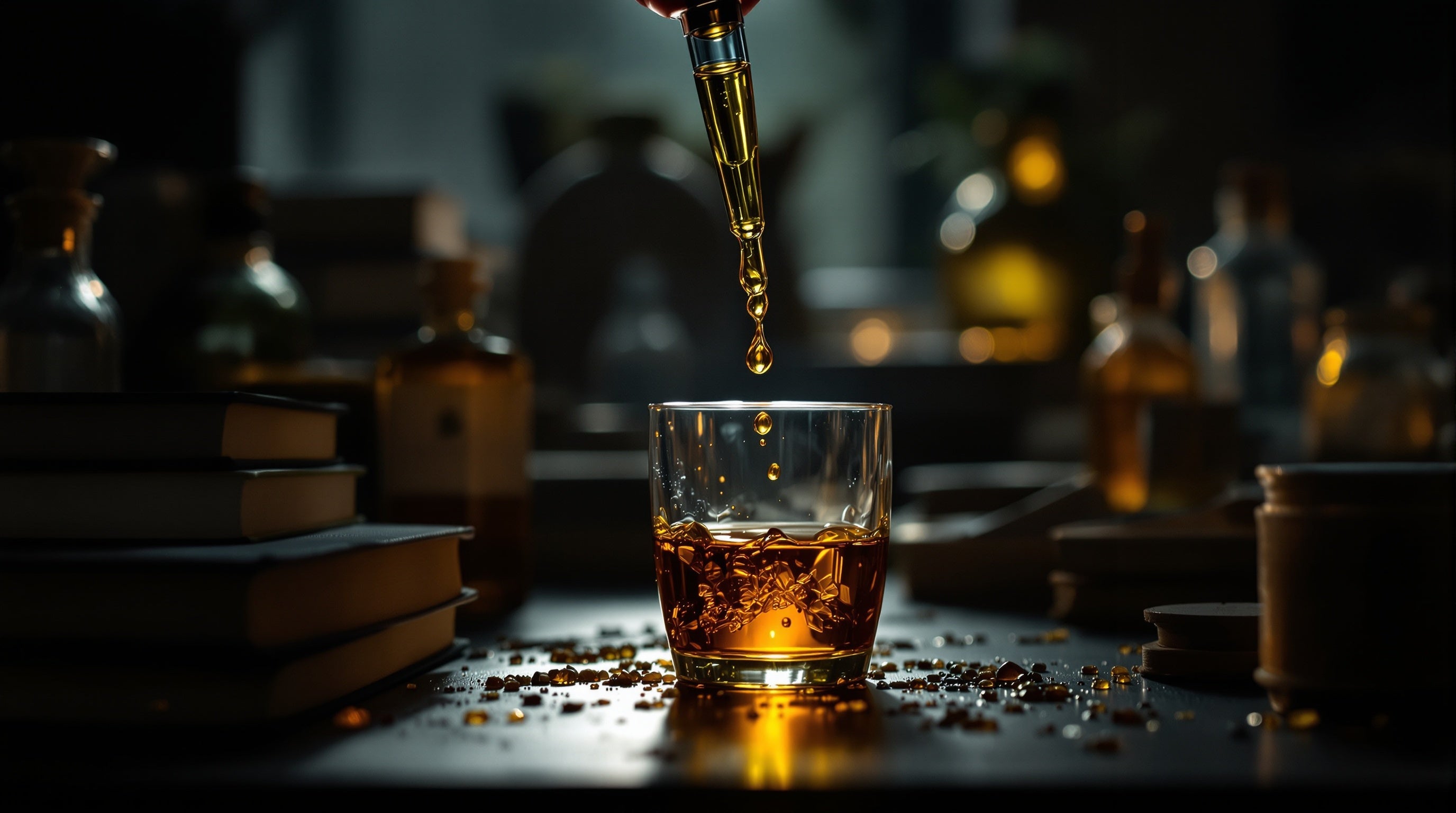 A glass pipette decanting golden perfume oil by candlelight
