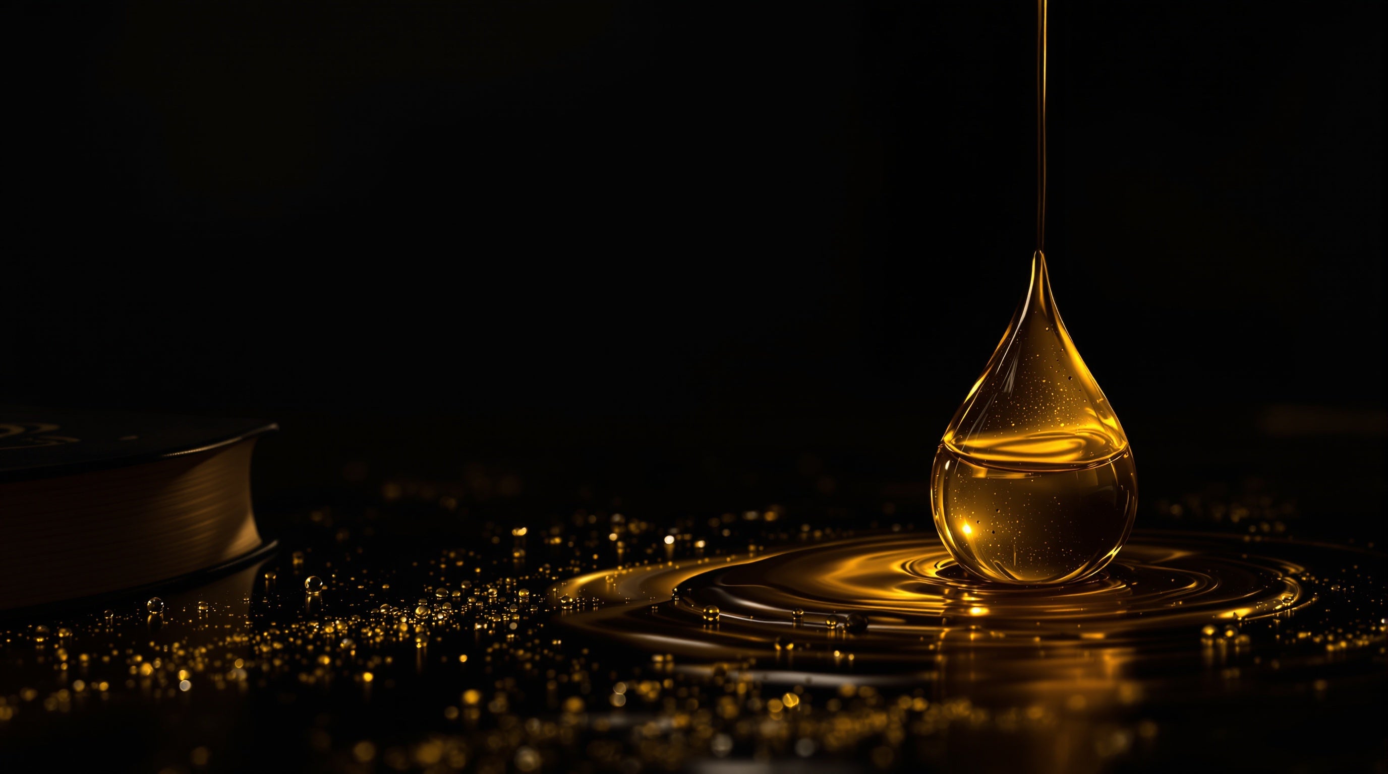 A golden drop of perfume oil glowing between light and shadow