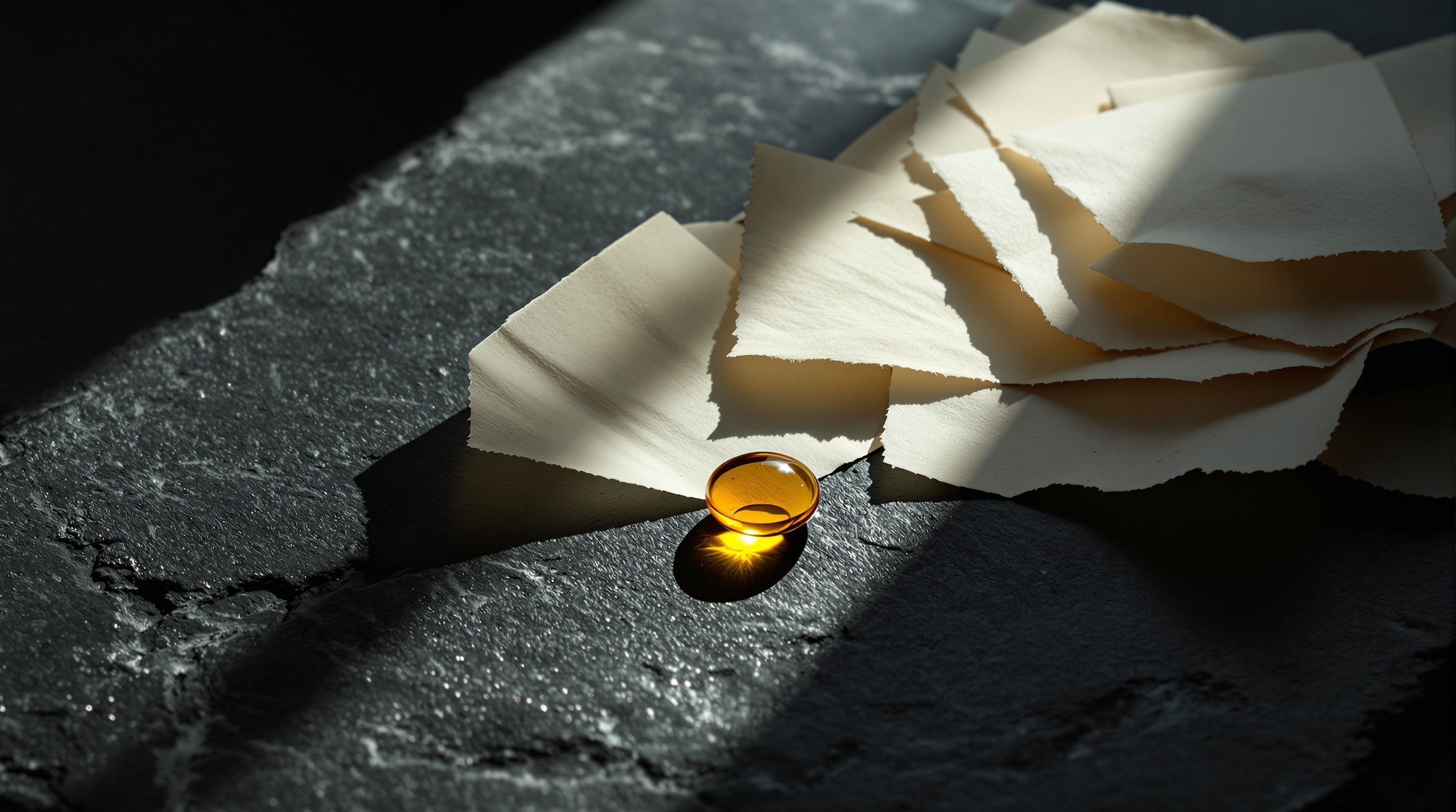 Paper scent blotters and a drop of amber oil on dark slate