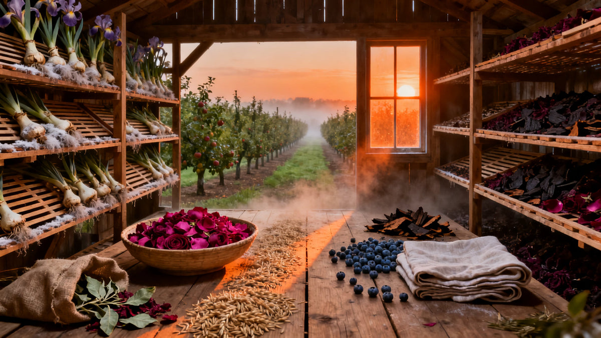 A sunlit wooden drying loft above a misted orchard, where iris rhizomes, rose petals, patchouli leaf and oud chips rest among scattered blueberries and rye while dust hangs motionless in the orange window light.