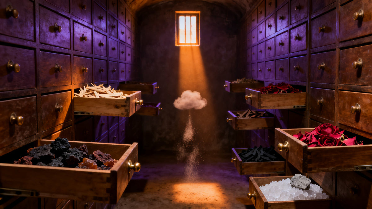 A dim room with a walnut cabinet, one drawer open onto crimson velvet pressed with small round hollows, agarwood chips and dried rose petals scattered across it, parcel paper and twine on the floorboards.