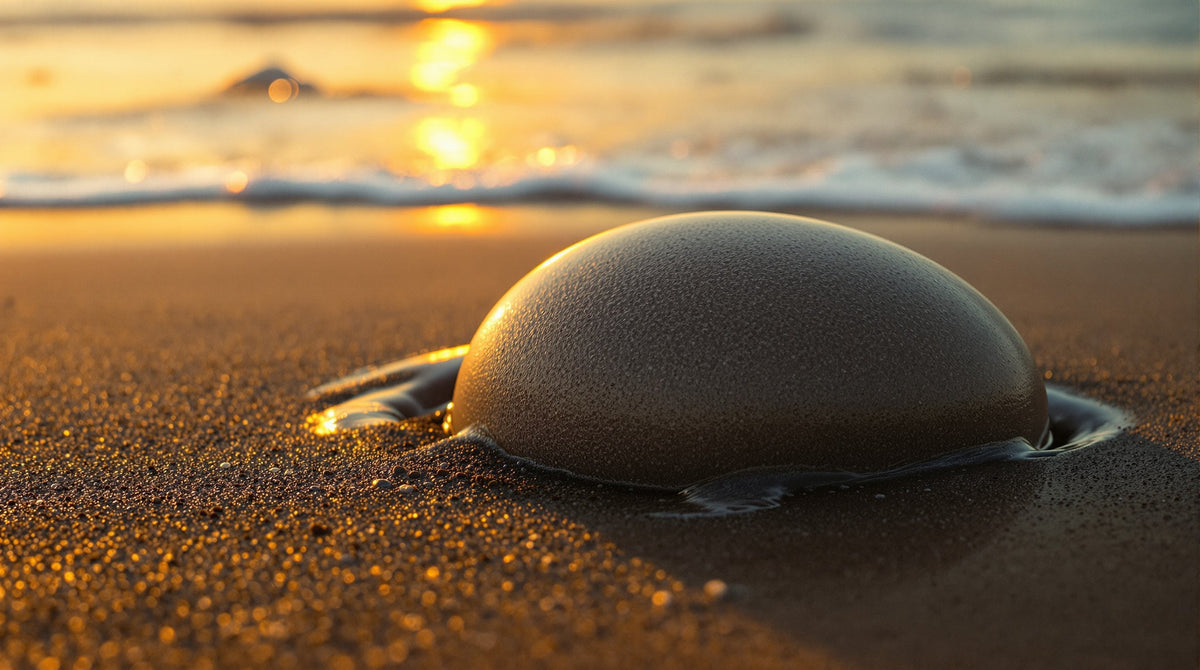 A smooth waxy mass of ambergris half buried in wet sand at the tideline, lit by low golden dawn light