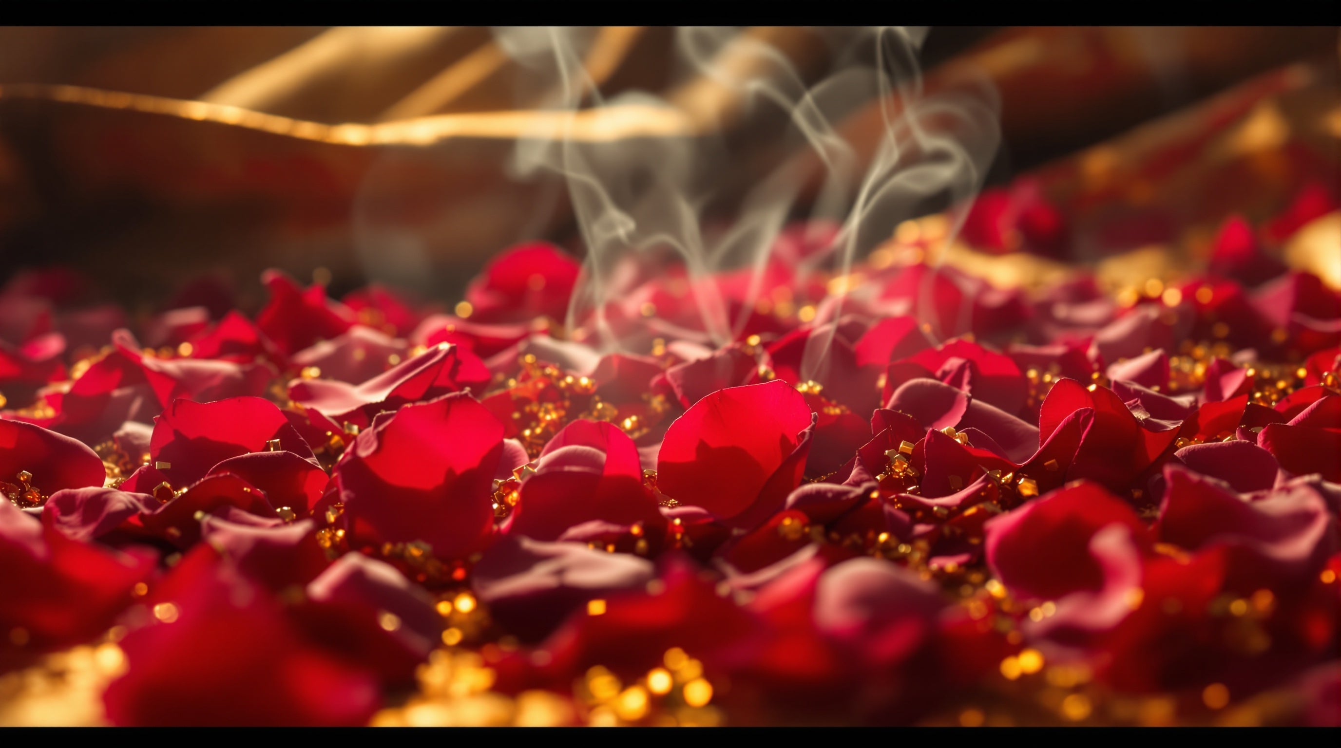 Damask rose petals, frankincense resin and gilded textiles in palatial light, evoking Amouage