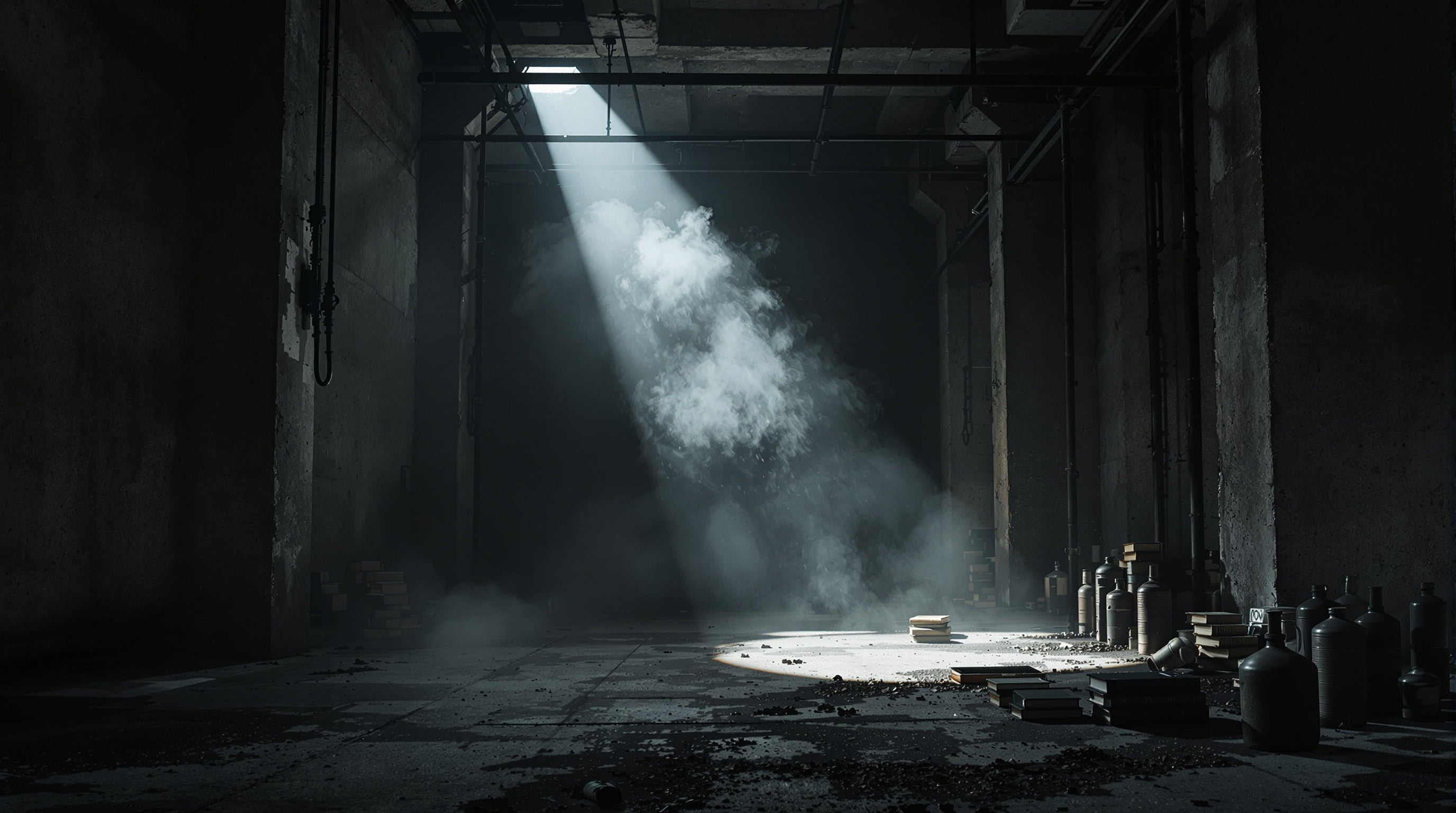 A dark avant-garde industrial space with a shaft of light