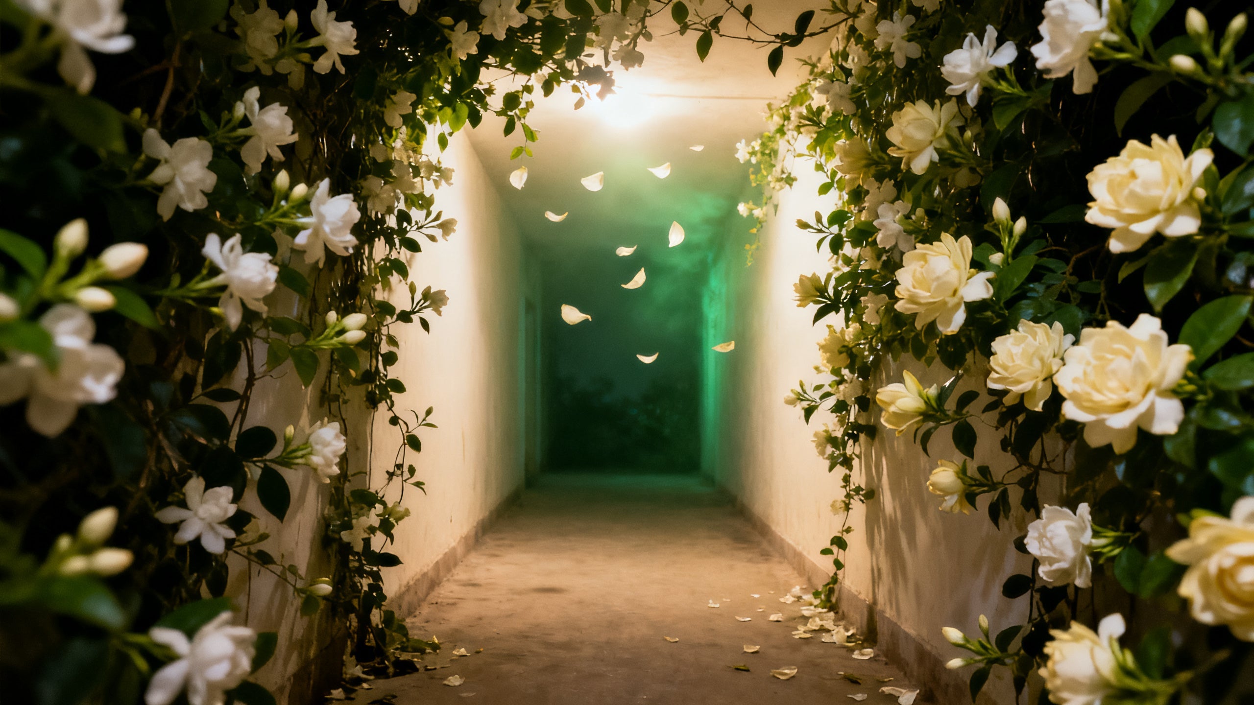 Jasmine and tuberose overgrowing a moonlit corridor with petals drifting upward, evoking white floral niche fragrances