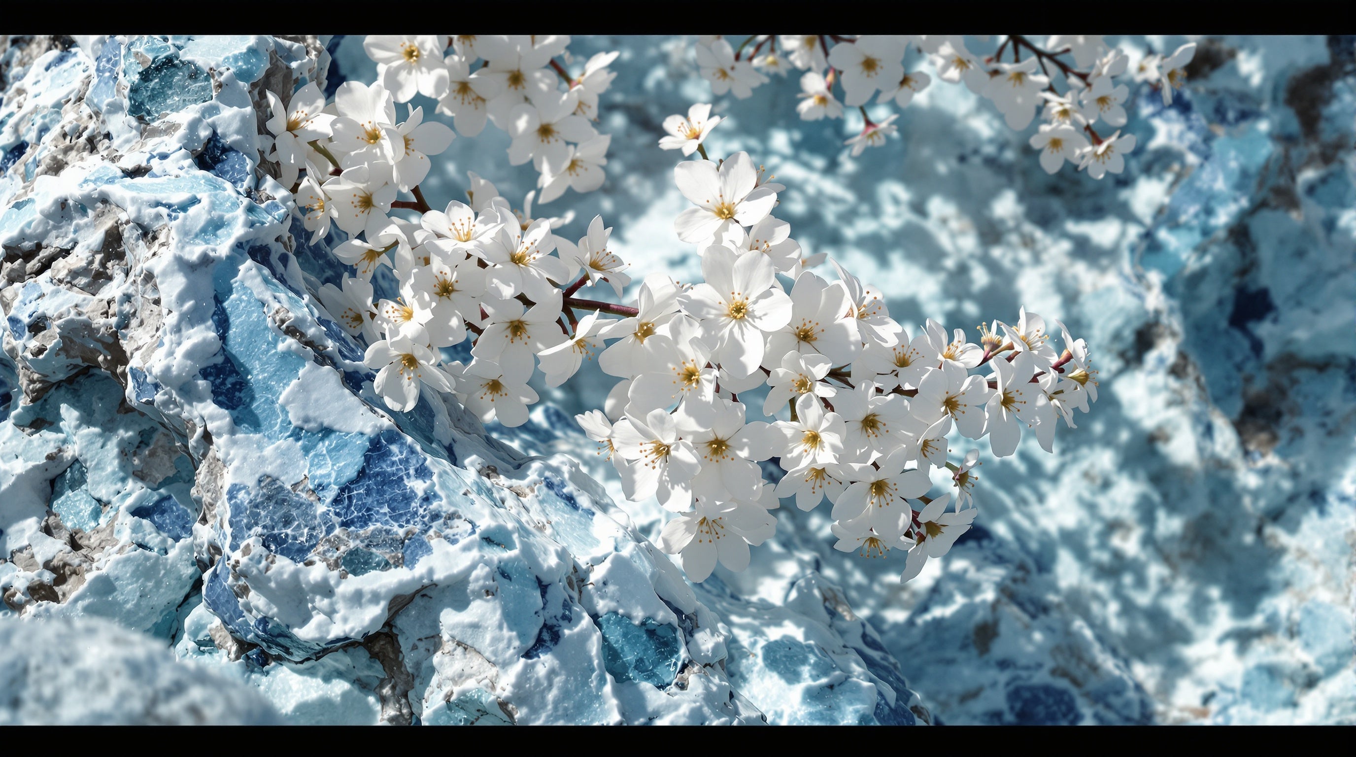 White immortelle flowers and cool blue mineral stone in clean light, evoking Ex Nihilo