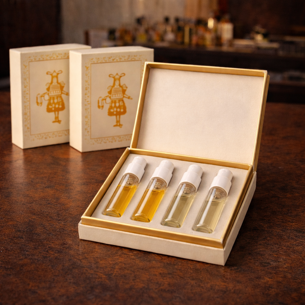 Four unisex niche perfume decants arranged as a discovery set at Gouttes Rares