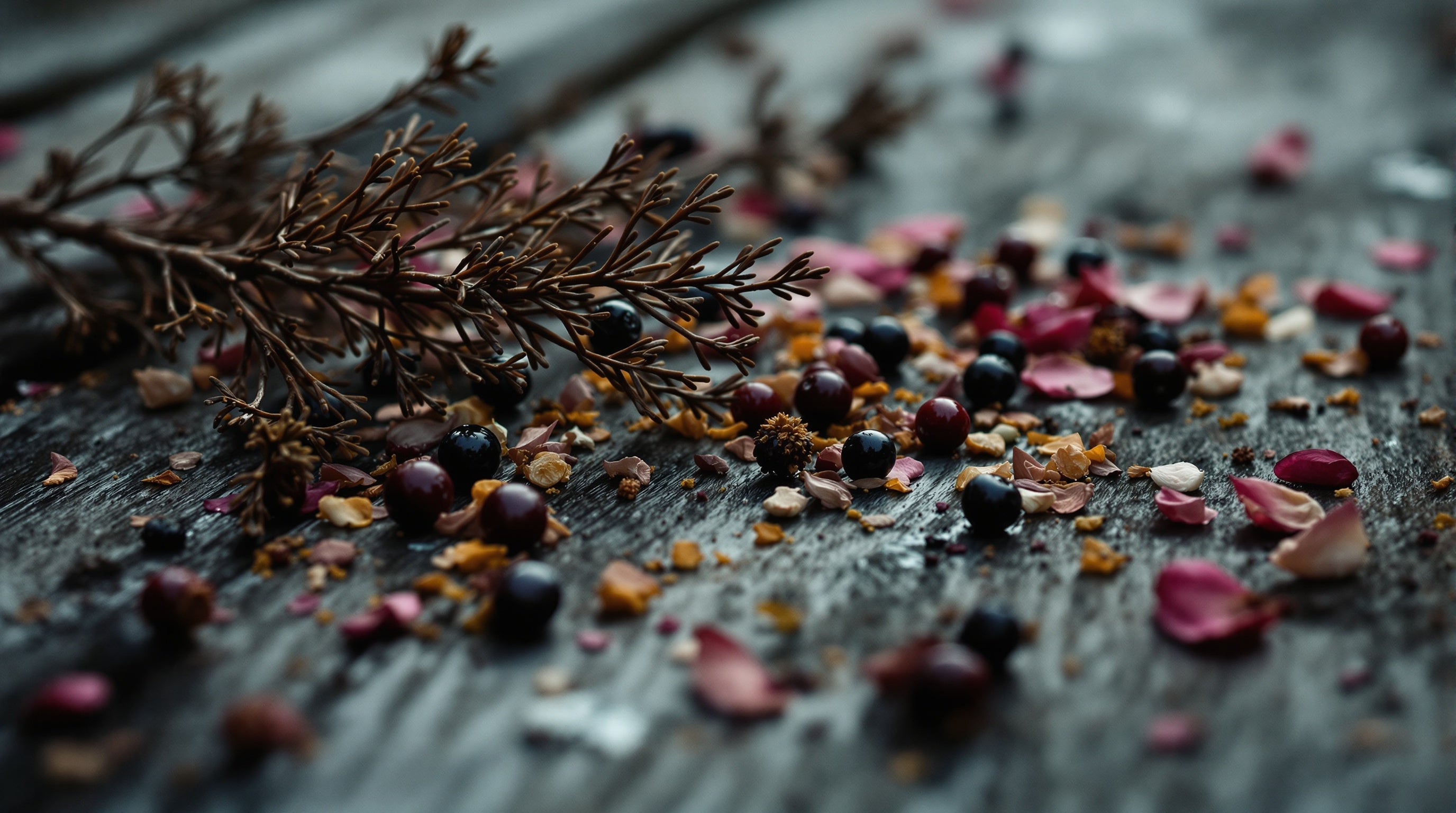 Foraged pine resin, wild berries and storm-dark botanicals on weathered wood, evoking Folkwinds