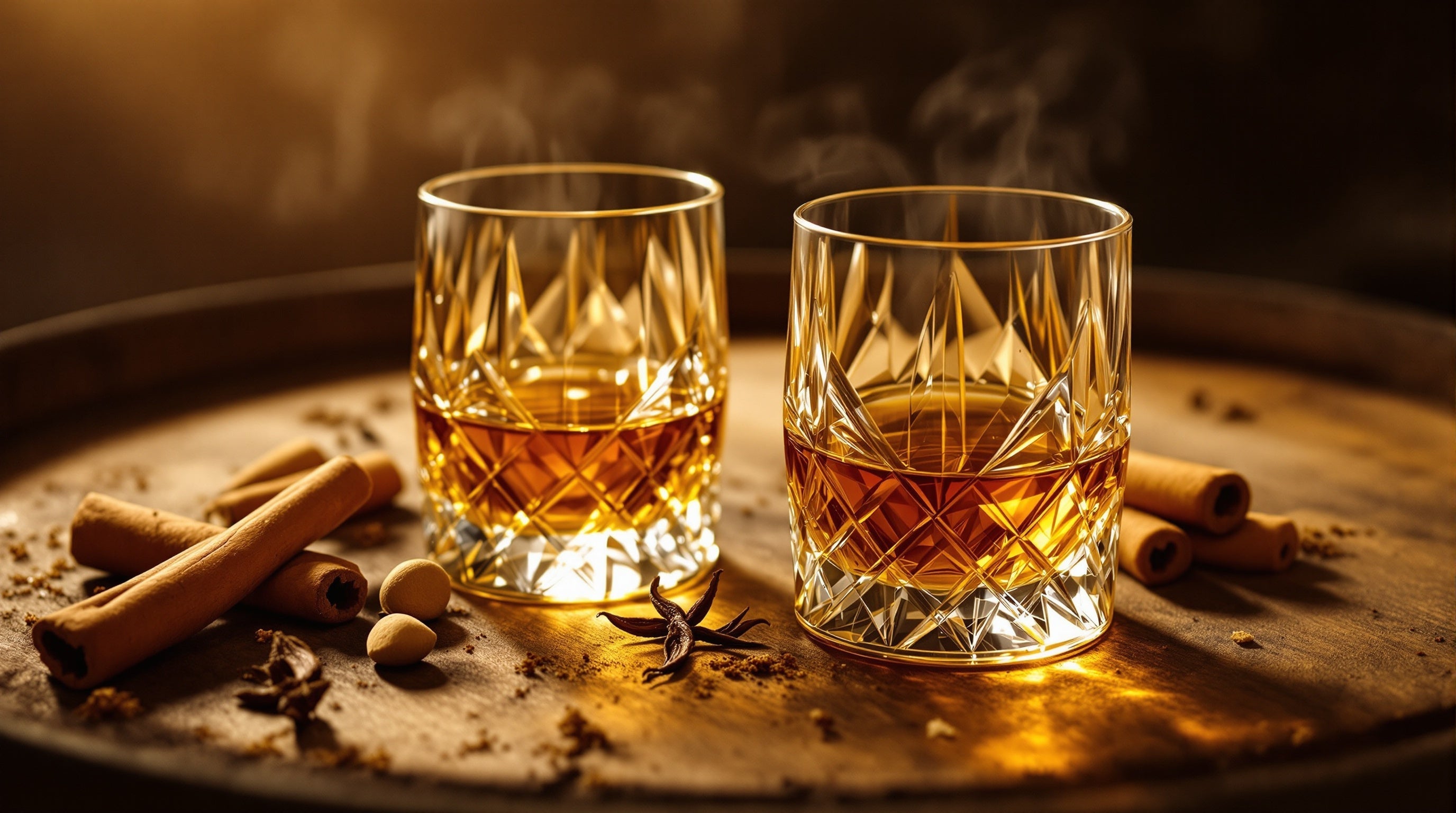Two glowing cognac glasses with cinnamon on an oak barrel, evoking Angels Share versus Side Effect