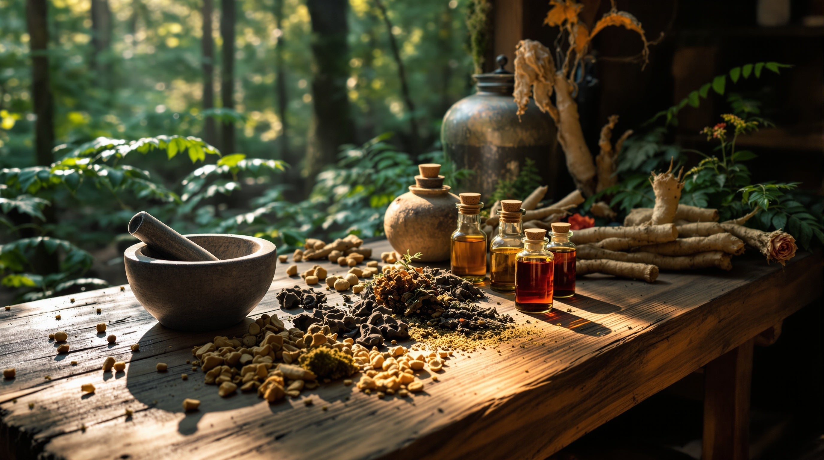 A naturalist's workbench with aged sandalwood, agarwood, oakmoss and tinctures in golden light — Areej Le Doré decants.