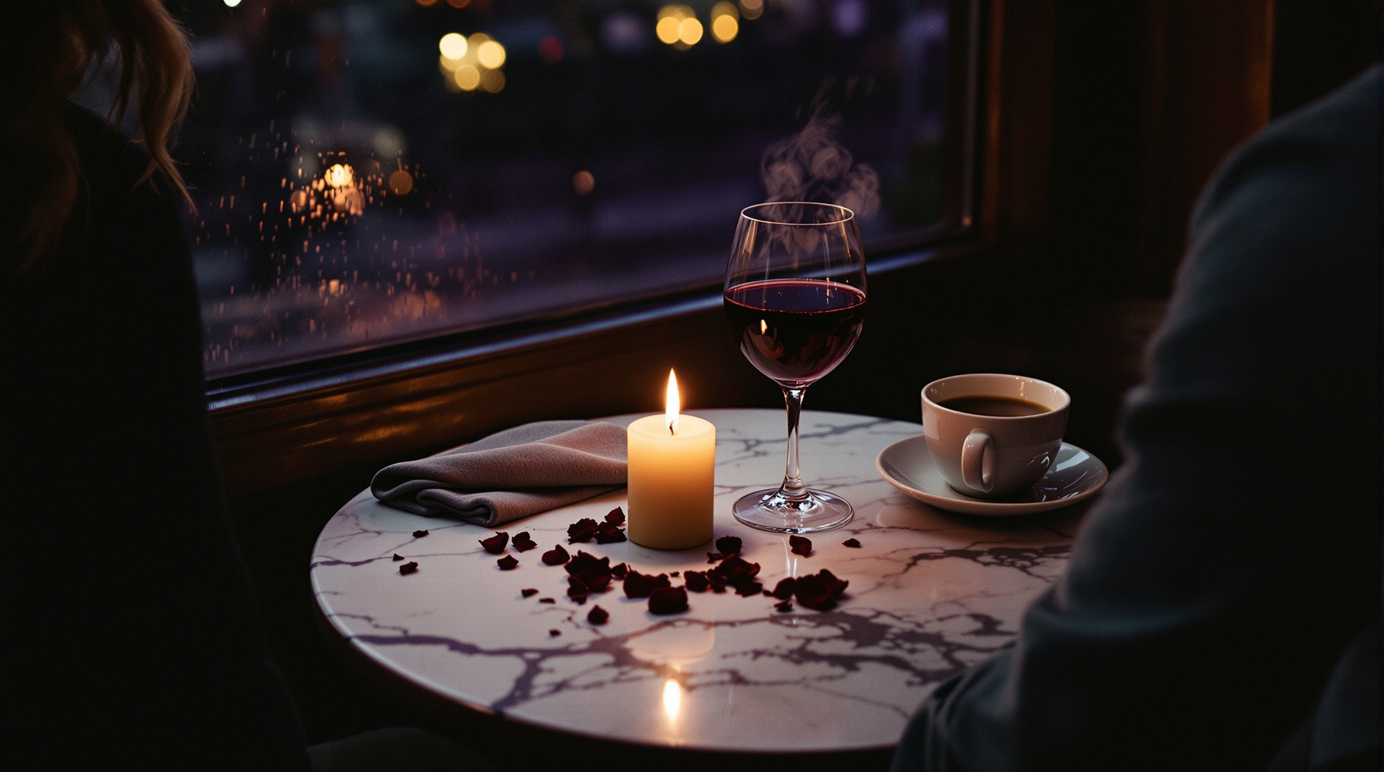 Candlelit wine-bar table for two with ruby wine, rose petals and a couple — the best seductive date-night niche fragrances.