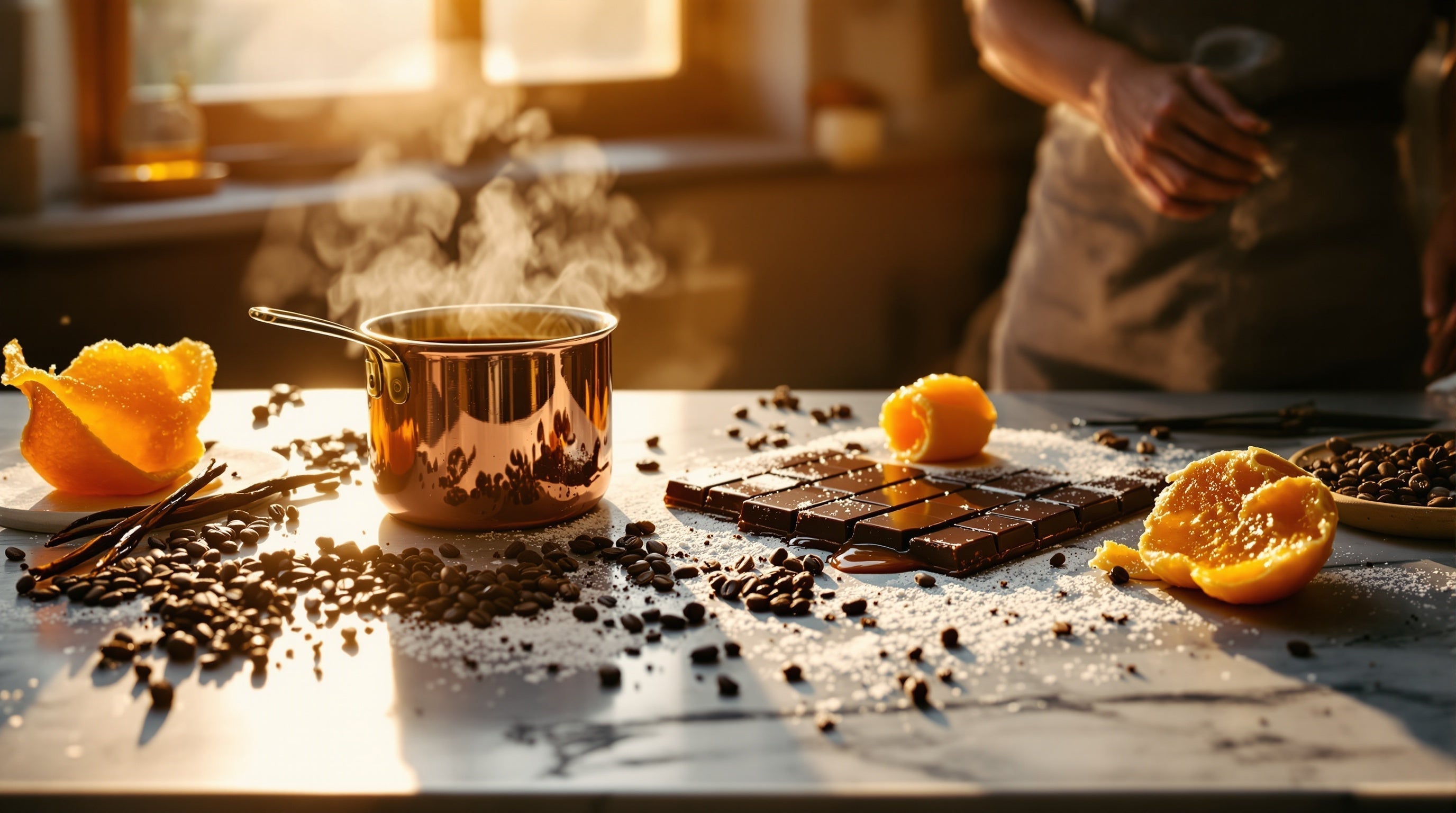 Golden-hour patisserie table with caramel, chocolate, coffee beans and honeycomb, the best niche gourmand fragrances.