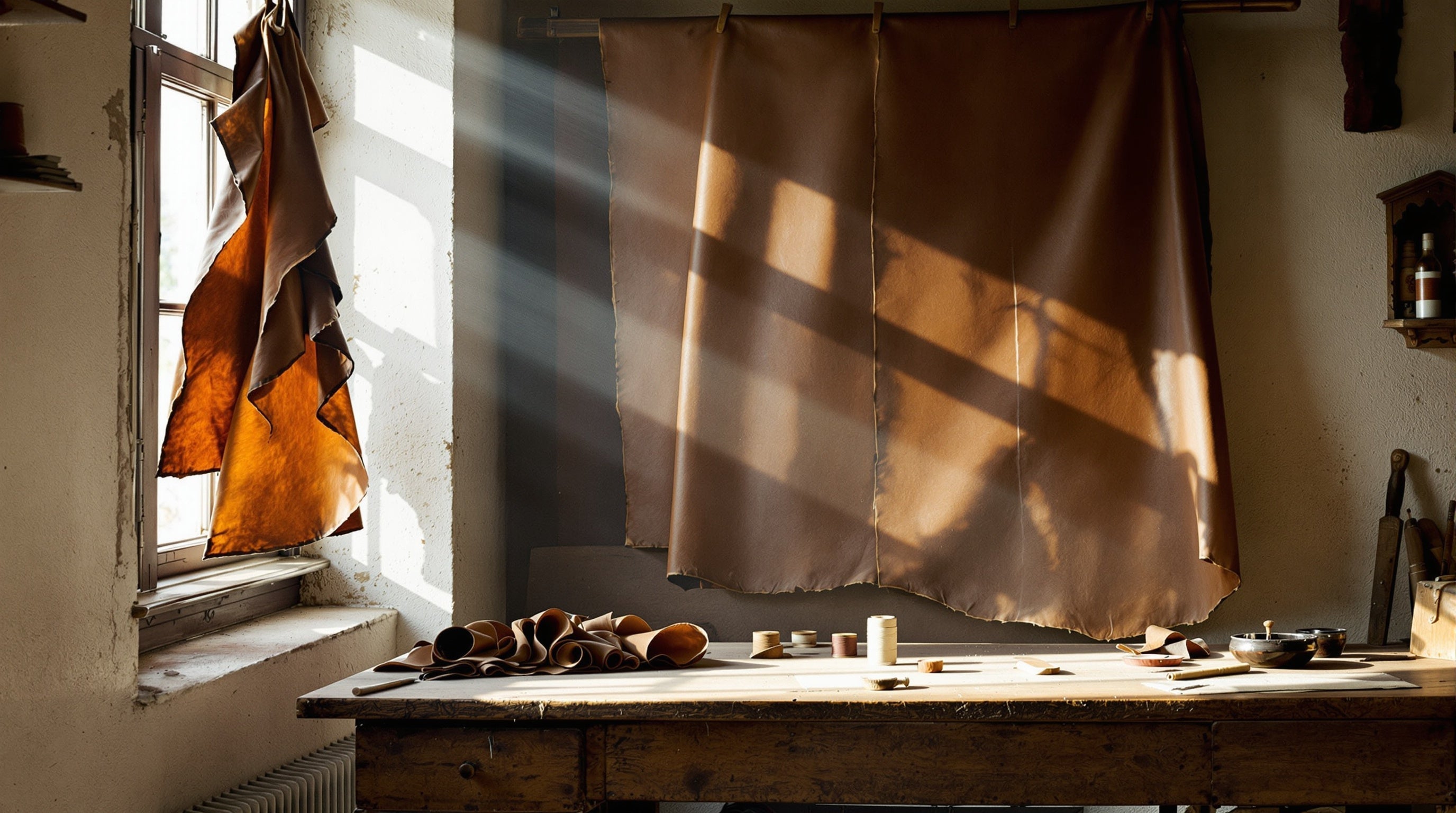 Sunlit old leather workshop with tanned hides hanging above a worn workbench, illustrating the best niche leather fragrances.