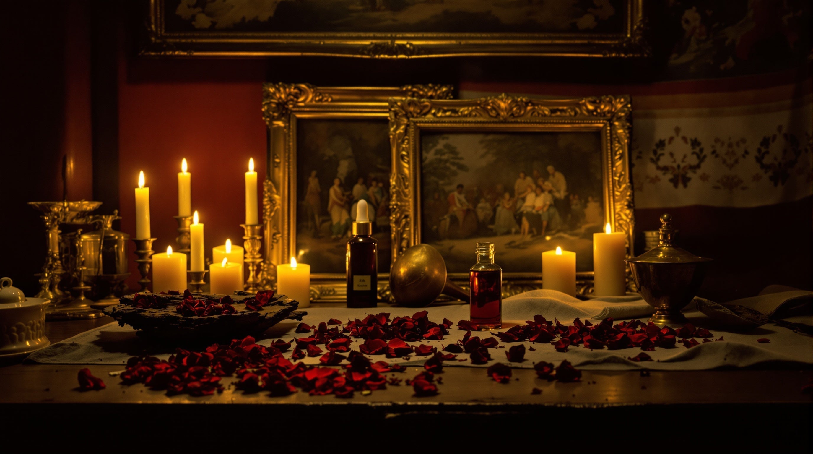 Candlelit artisan's table with oud wood, amber oil vials and rose petals, Bortnikoff decants and samples.