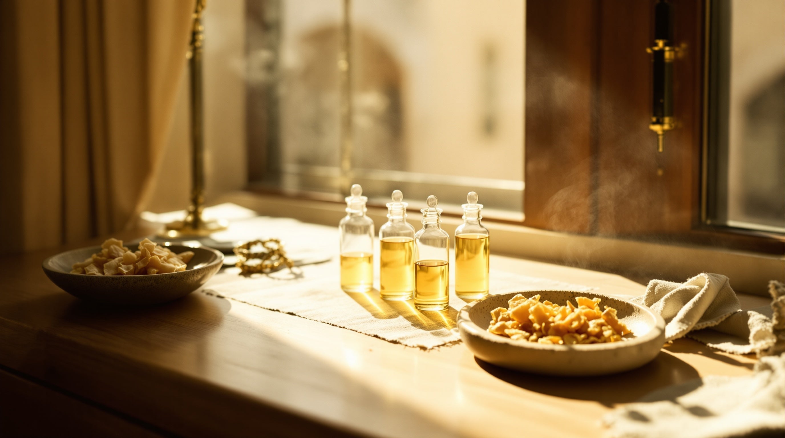 Glass decant vials of amber perfume beside frankincense resin on a sunlit Omani bench — the cheapest way to try Amouage.