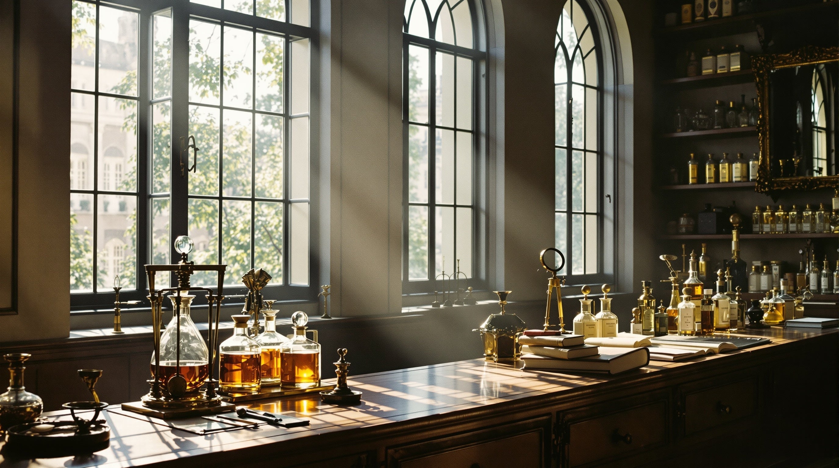 Atelier parfum bersejarah yang bermandikan cahaya matahari dengan meja kayu walnut, timbangan kuningan dan dekanter kaca, panduan rumah decant Creed.