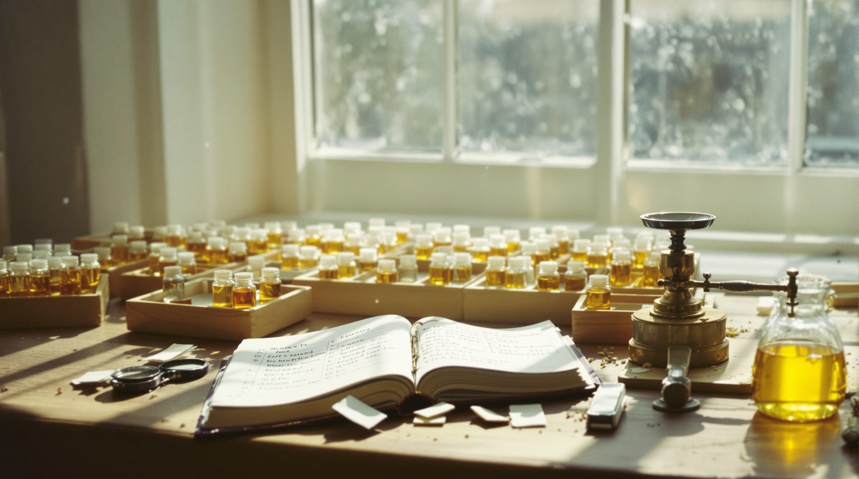 Archival bench with rows of sample vials, an open ledger and a brass balance scale — the Decant Index 2026, pricing an hour of niche perfume wear.