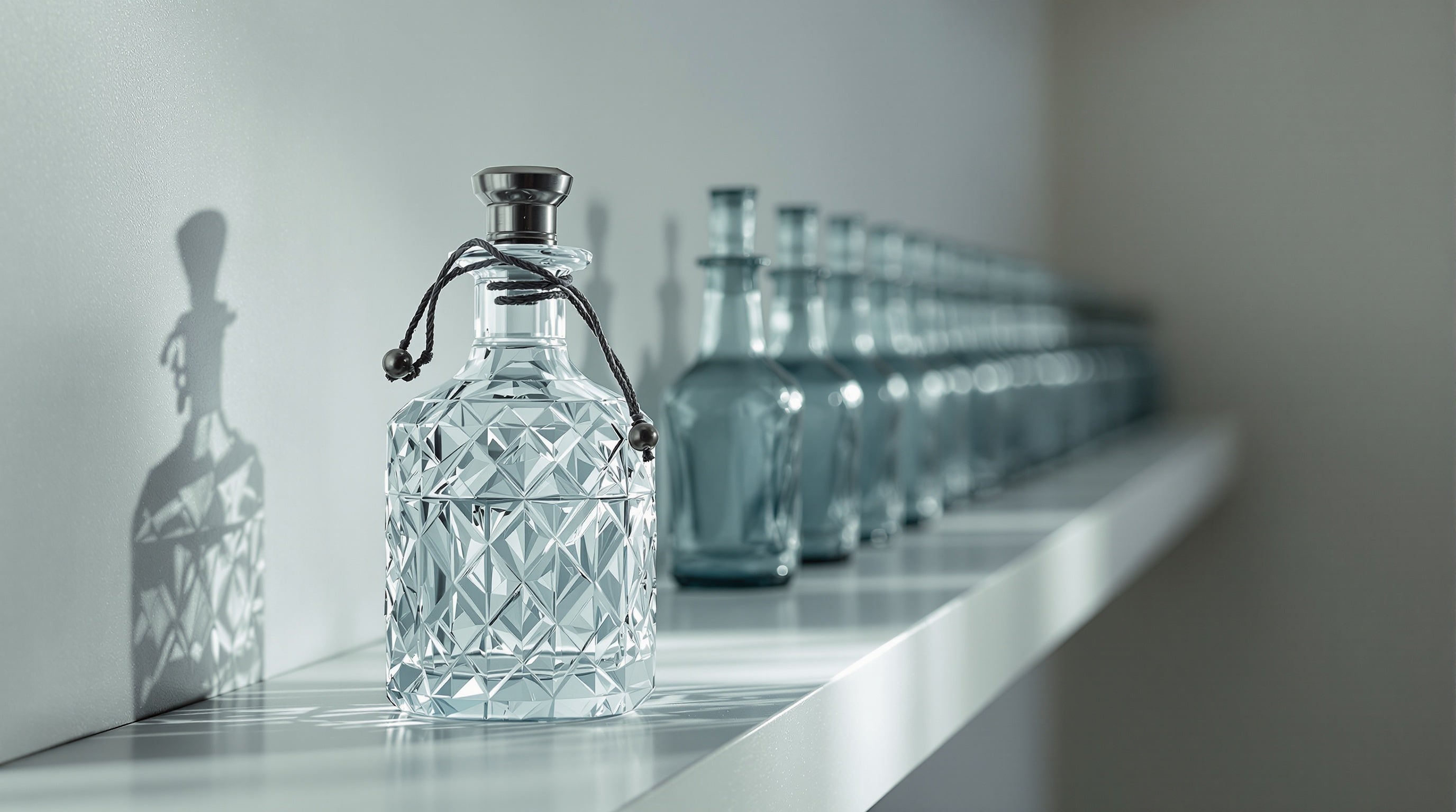 An ornate handmade flacon sharp before a blurred row of identical mass bottles — designer vs niche and indie fragrances.