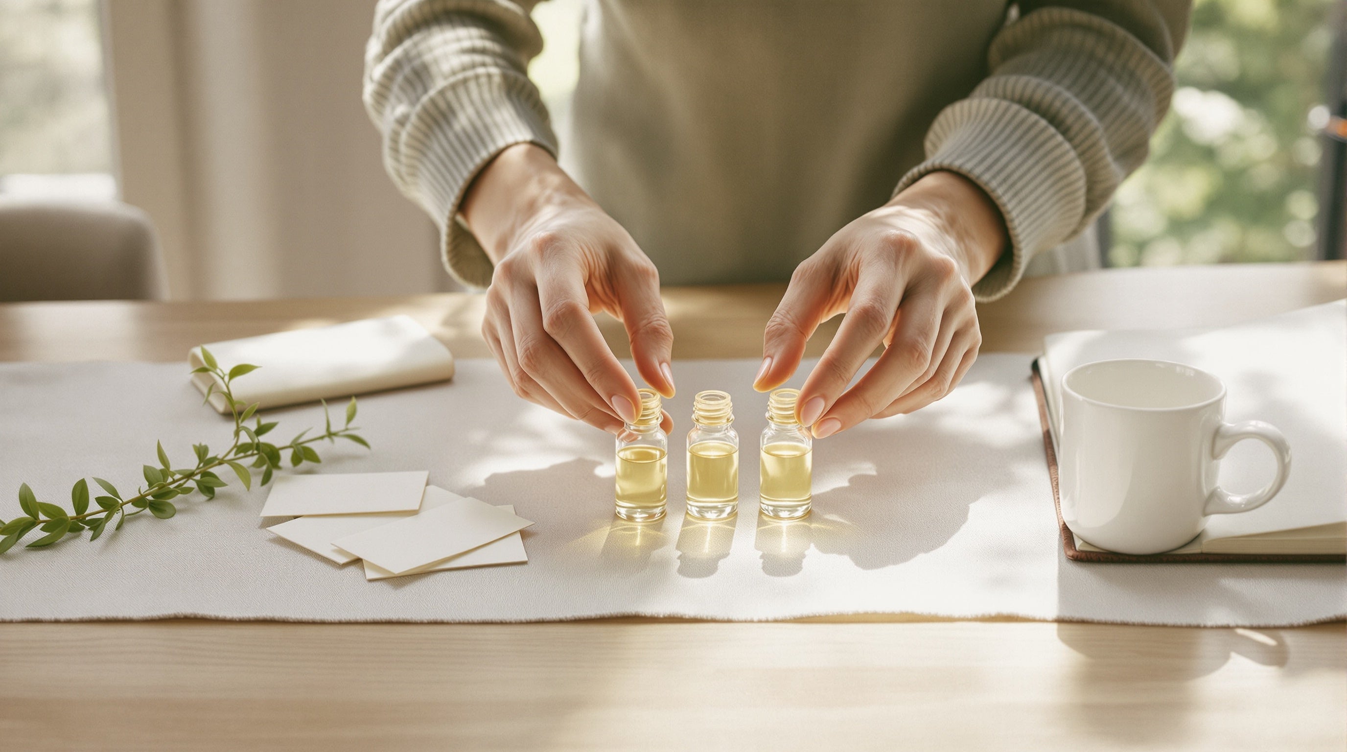 Sunlit tabletop where hands arrange four decant vials beside blotters and a notebook — building a first niche discovery set.