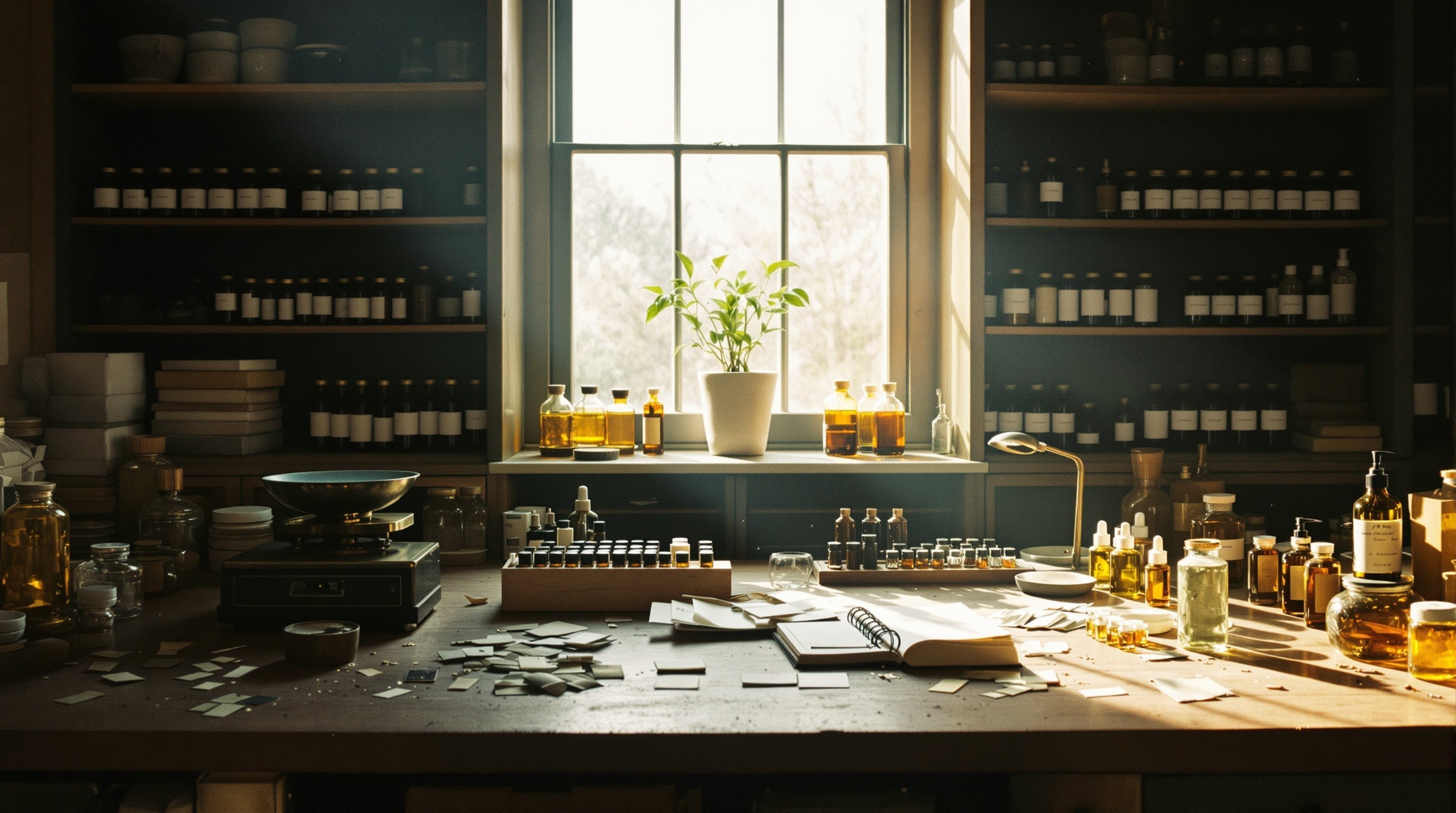 An independent perfumer's studio bench of brass scales, handwritten formulas and tincture jars — indie fragrance houses.