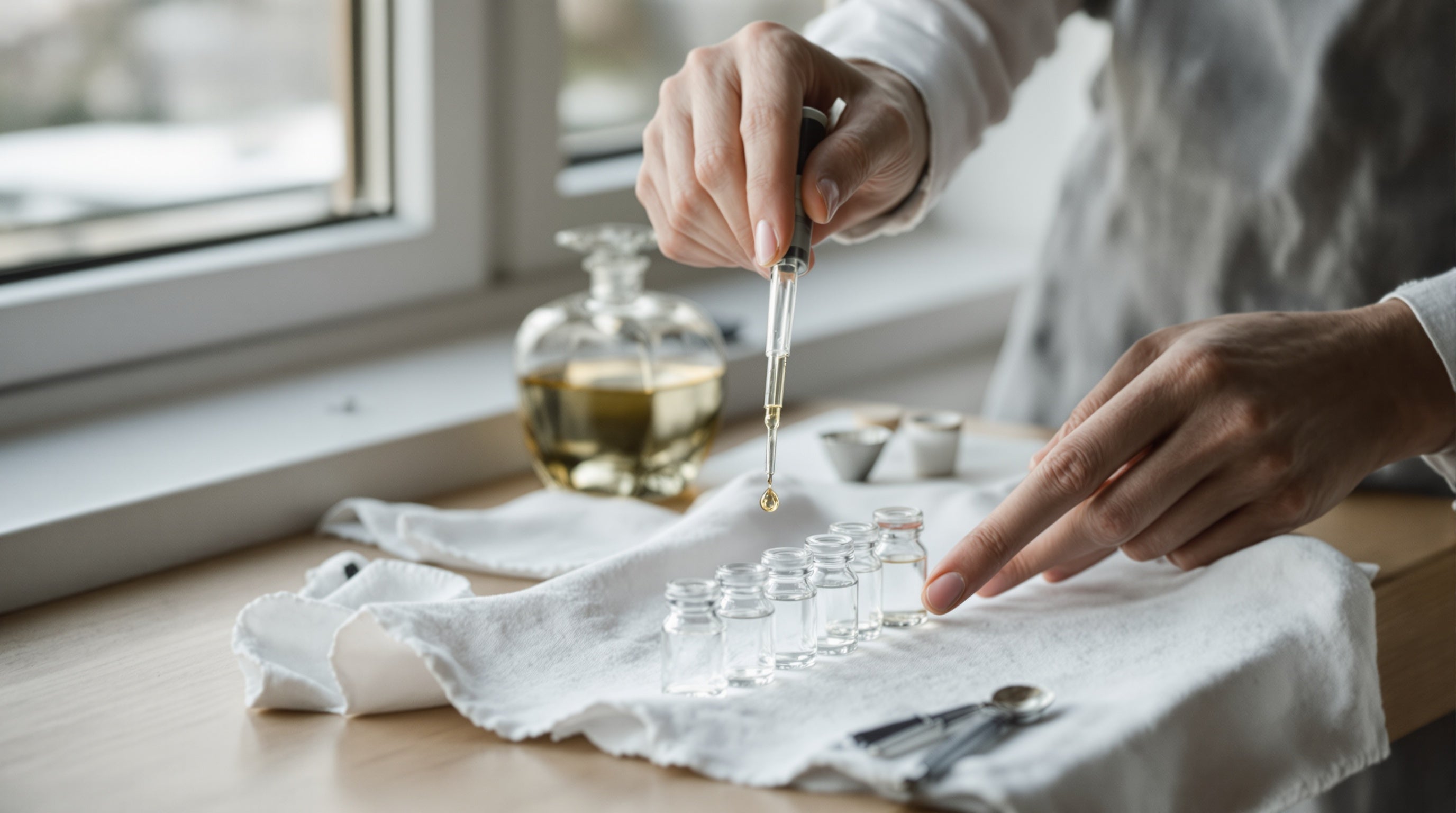 Hands using a glass pipette to transfer perfume from a flacon into small vials — how Gouttes Rares decants perfume unchanged.