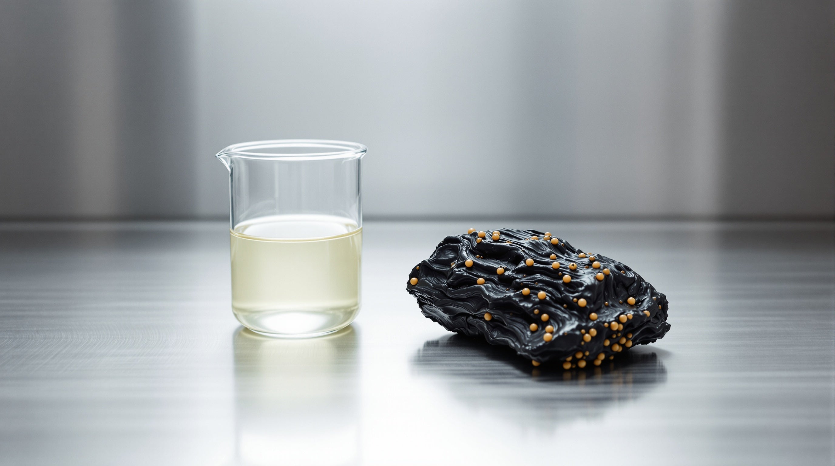 Clear lab beaker of synthetic aroma-molecule beside a raw resinous agarwood chip on cold steel — natural vs synthetic oud.