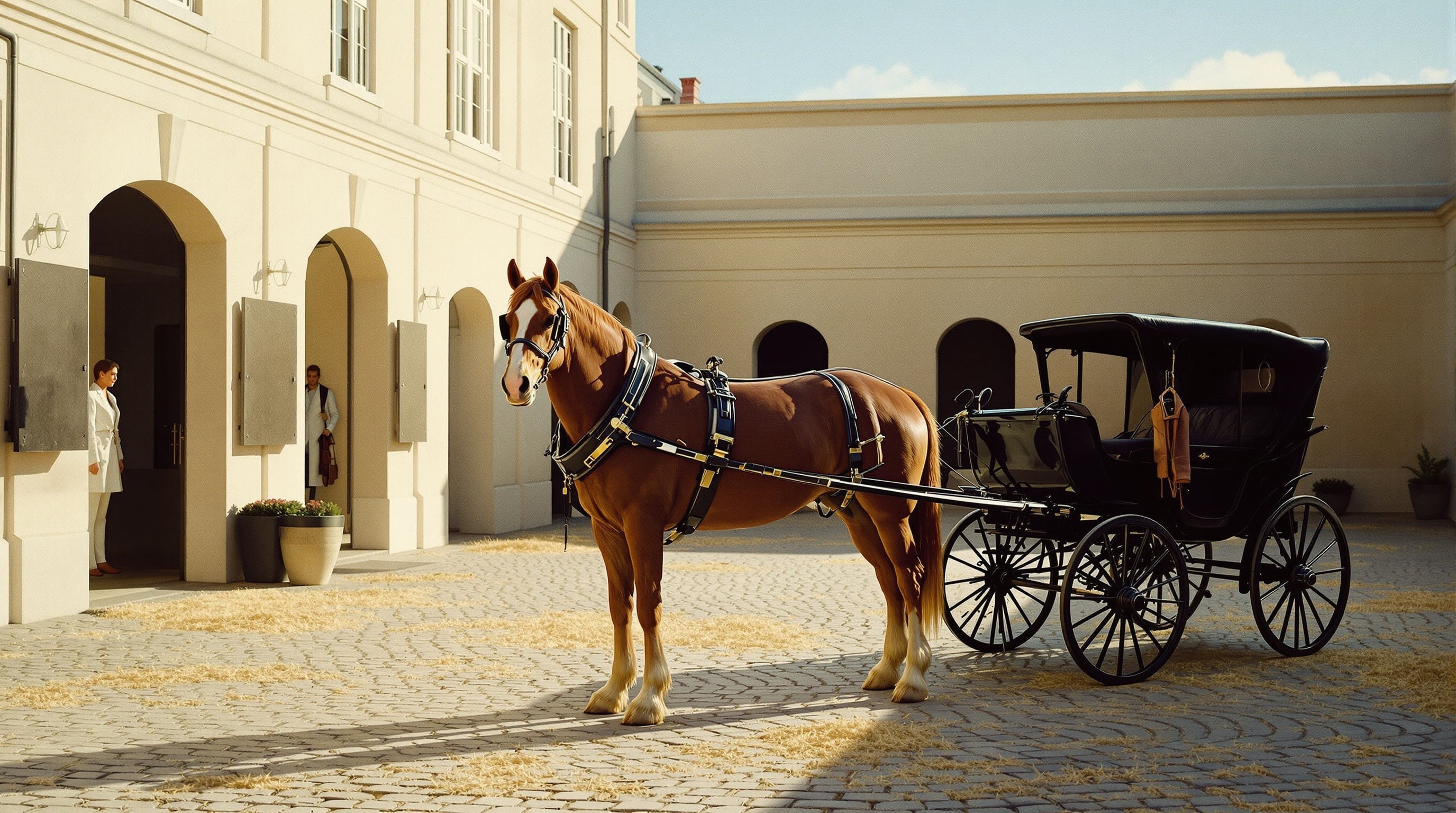 Cobbled stable courtyard with a chestnut horse and gilded carriage under powder-blue sky — Parfums de Marly decants.
