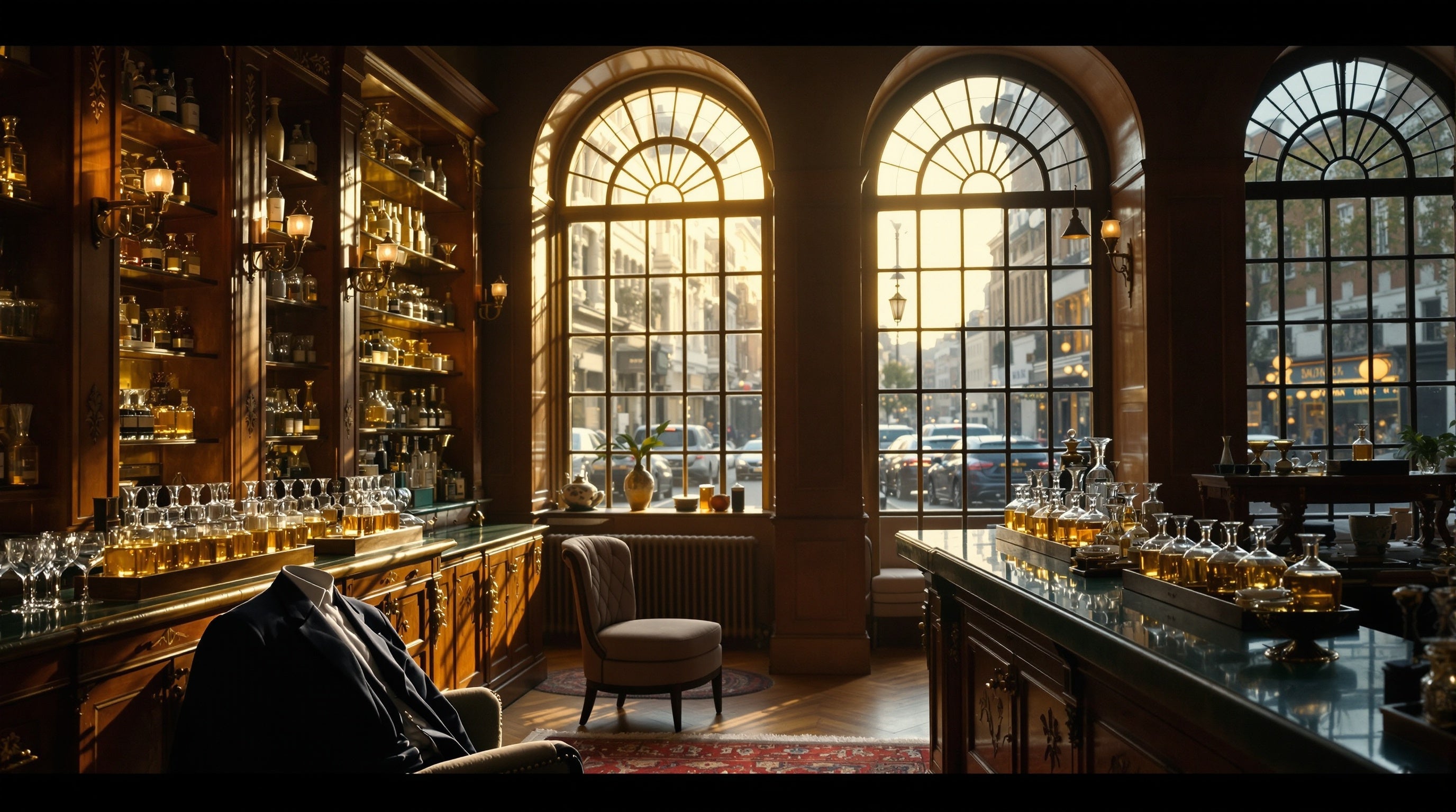Warm brass-lit Victorian London perfumery salon with mahogany cabinets and crystal decanters — Roja Dove decants and samples.