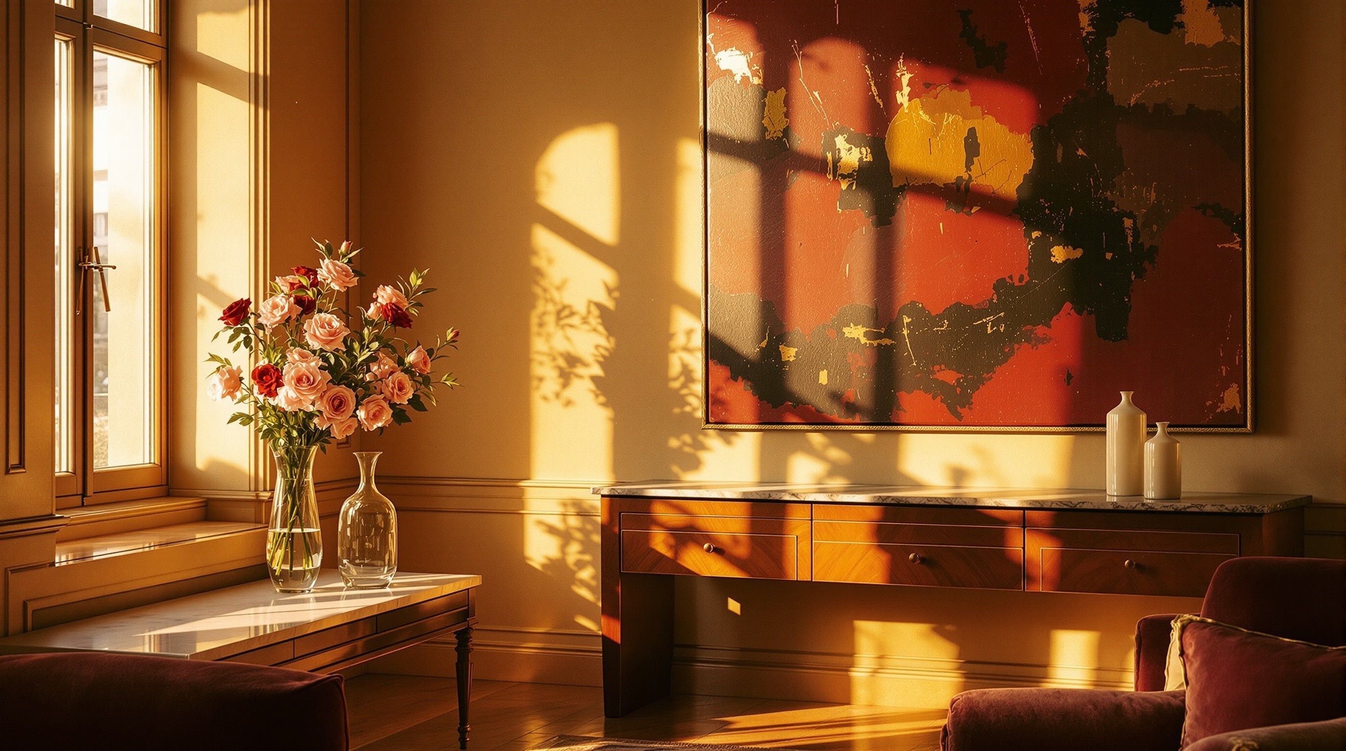 Sun-warmed Modenese art gallery with roses, a crimson canvas and gilt frames in honeyed light — Sospiro decants and samples.
