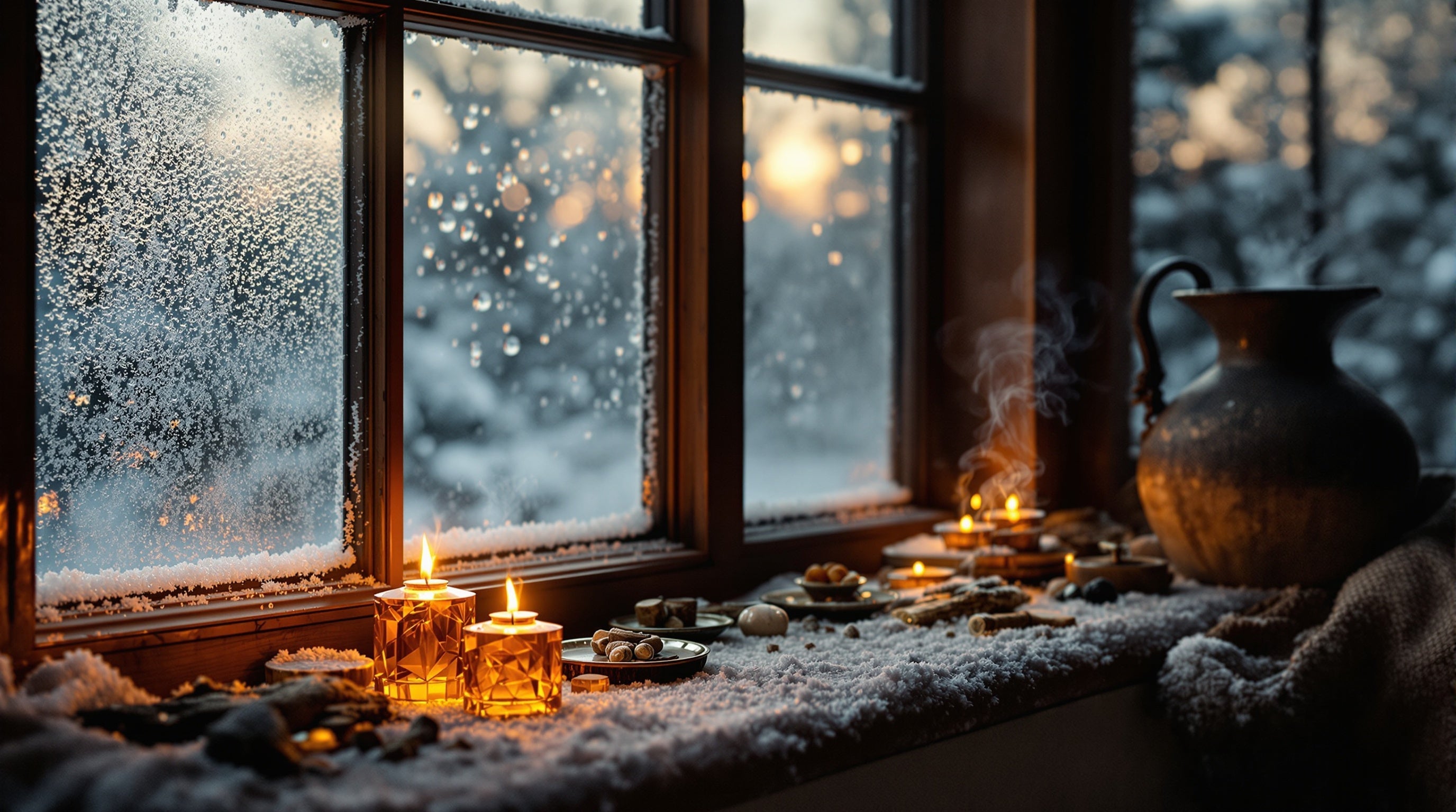 A frosted window at dusk with warm amber and candle glow inside, evoking the best winter fragrances