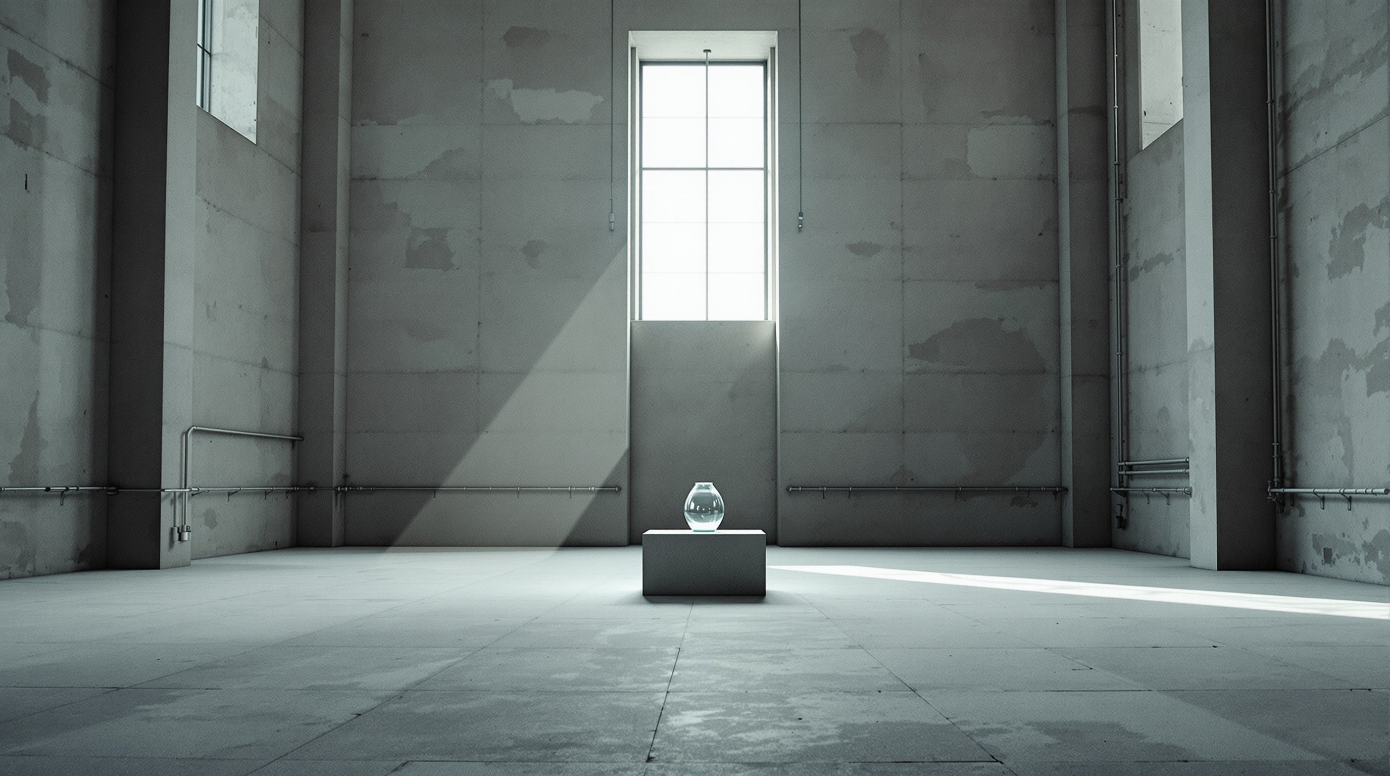 Cold daylight bands cross an empty brutalist concrete hall holding a glass vessel — the cult ultra-niche house Toskovat.