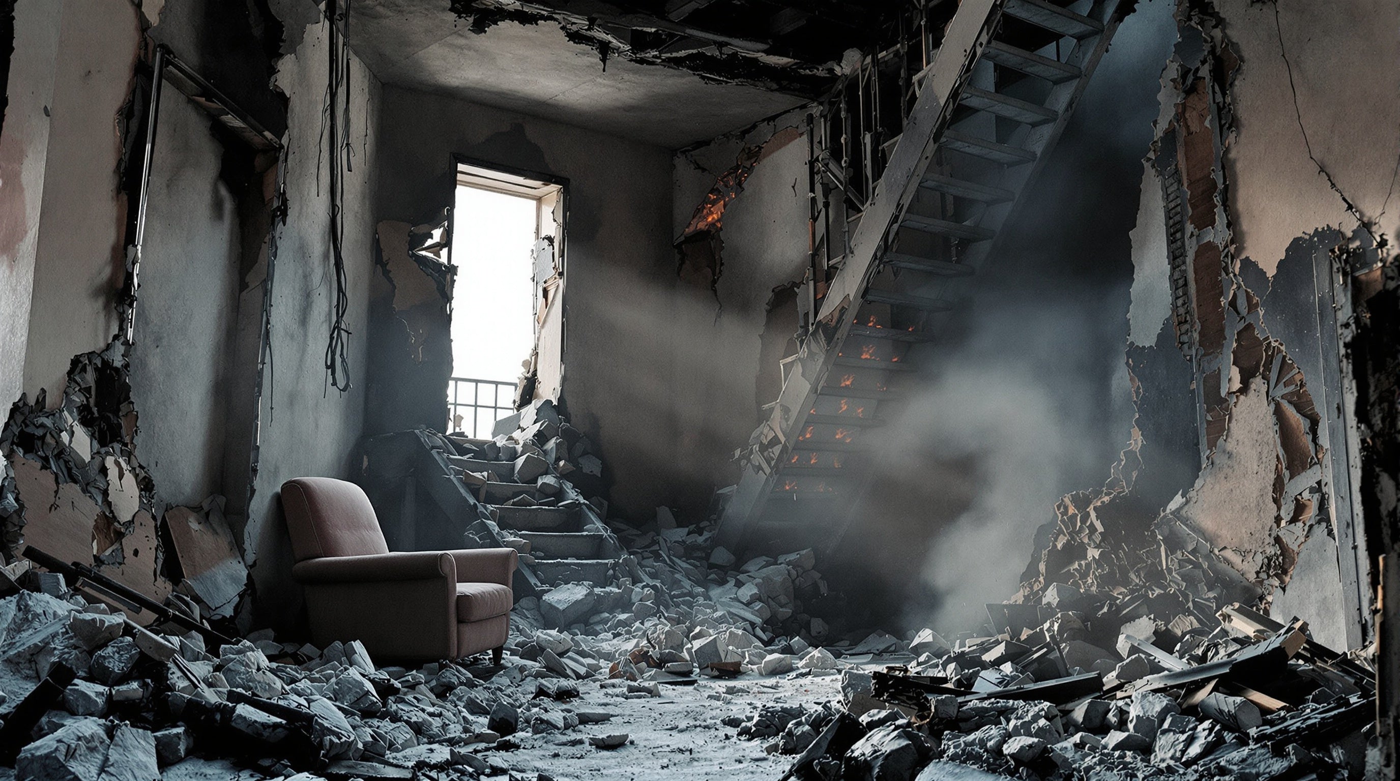 Gutted bombed apartment interior at dawn with smoking embers and ash — hero for the Toskovat Inexcusable Evil war fragrance.