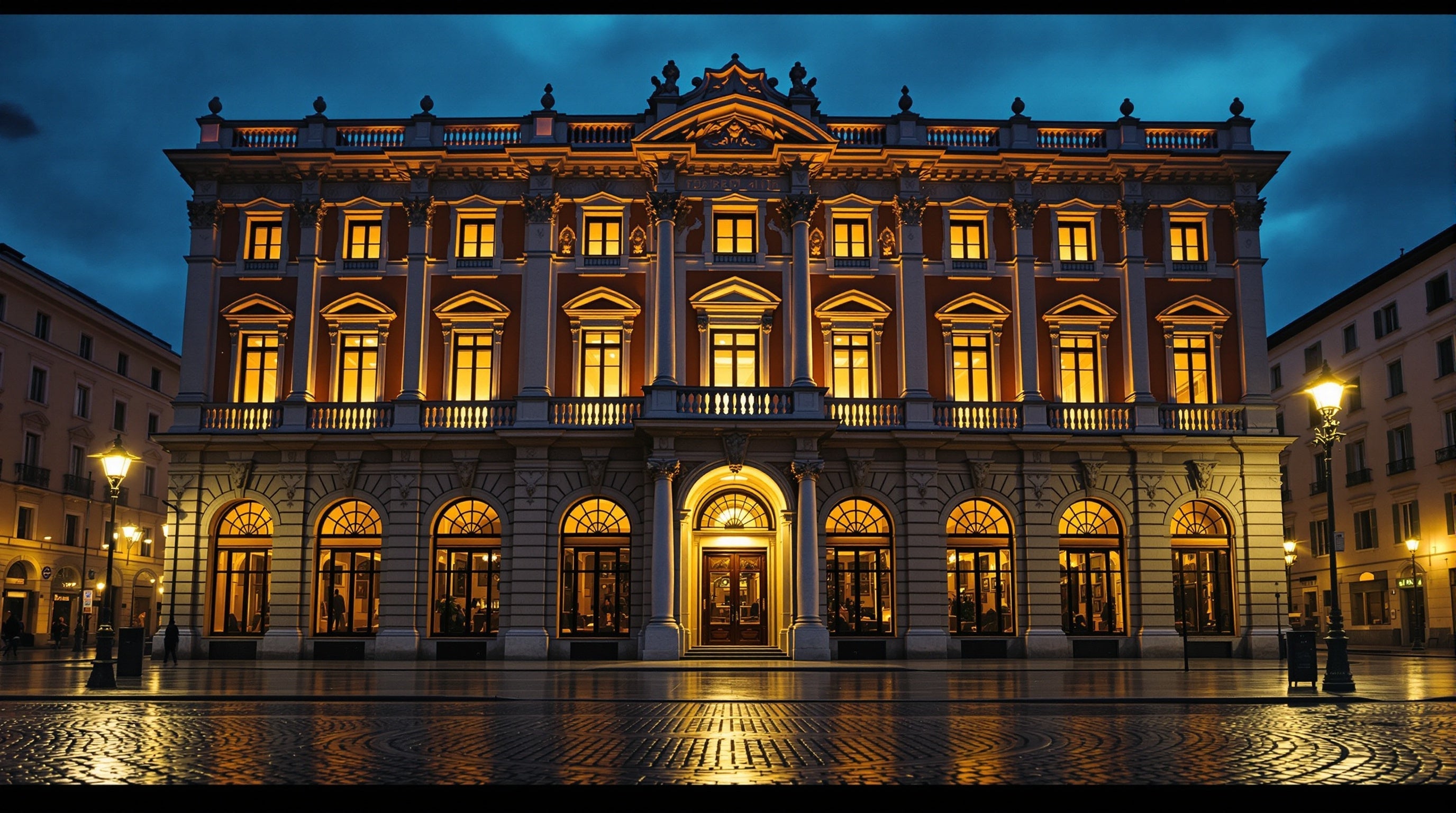 Illuminated baroque Turin palazzo facade at blue hour with gold-lit windows against cobalt sky — Xerjoff decants and samples.