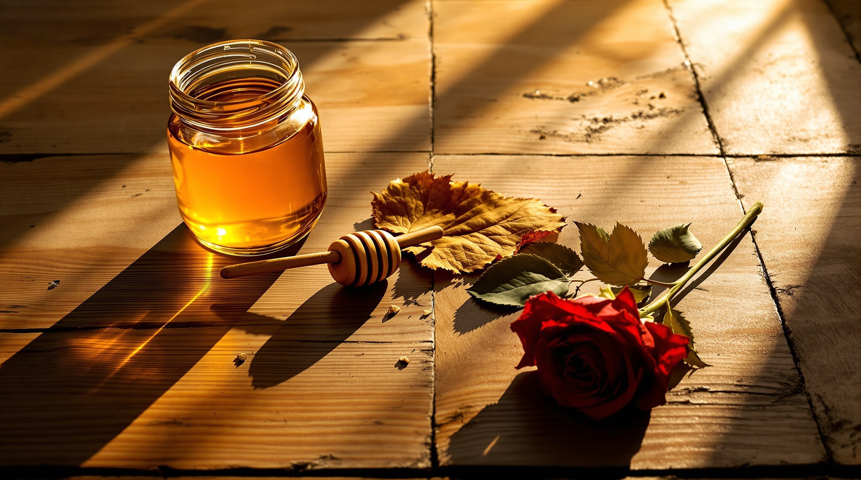 Honey and lavender in sunlight beside a dark rose on rosewood, evoking Naxos versus Alexandria II