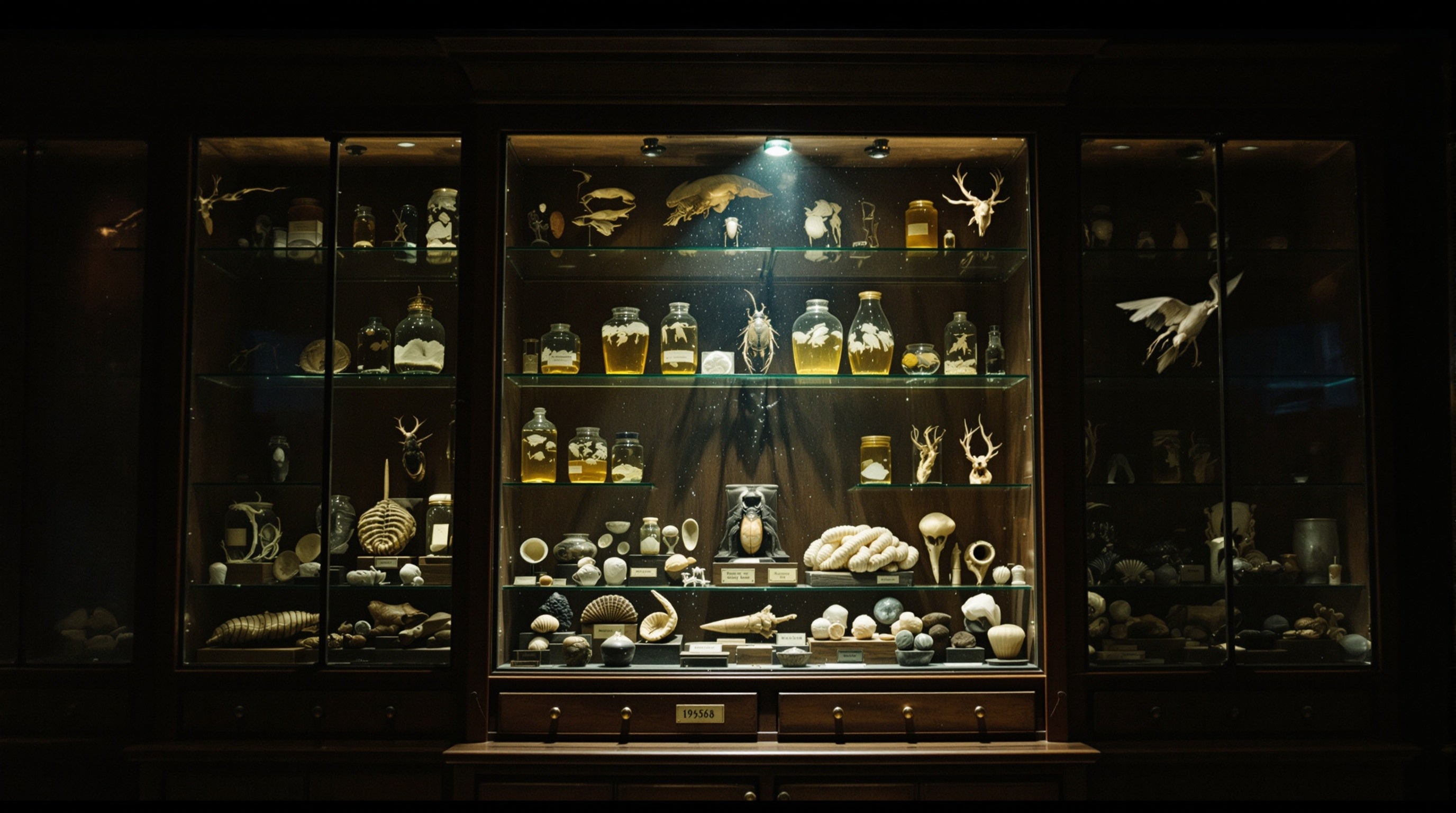 Cool-lit museum curiosity cabinet of specimen jars and taxidermy — the animalic world of Zoologist decants and samples.