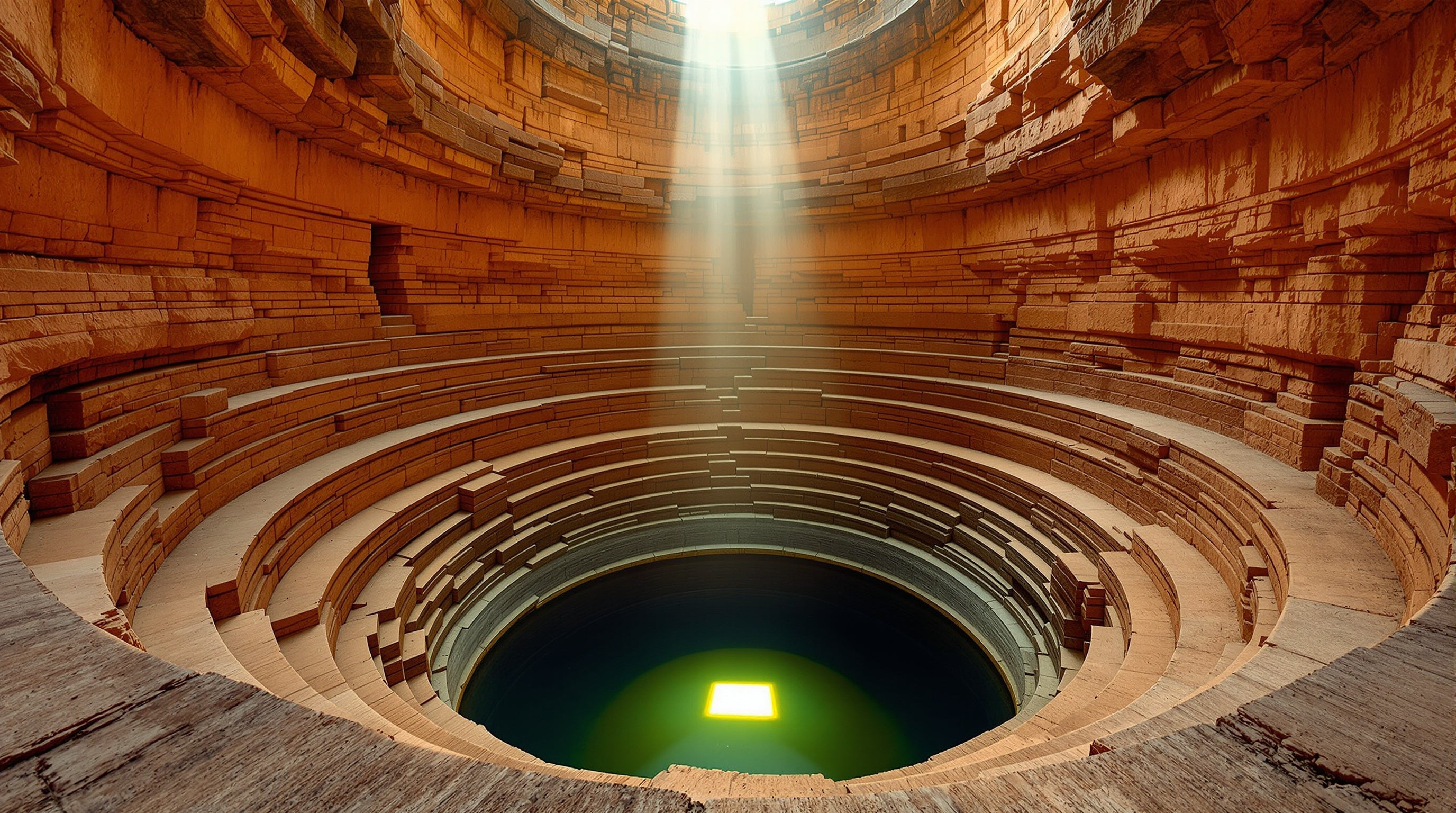 A deep sandstone stepwell descending in tiers to a small square of still water, lit by a single shaft of afternoon sun.