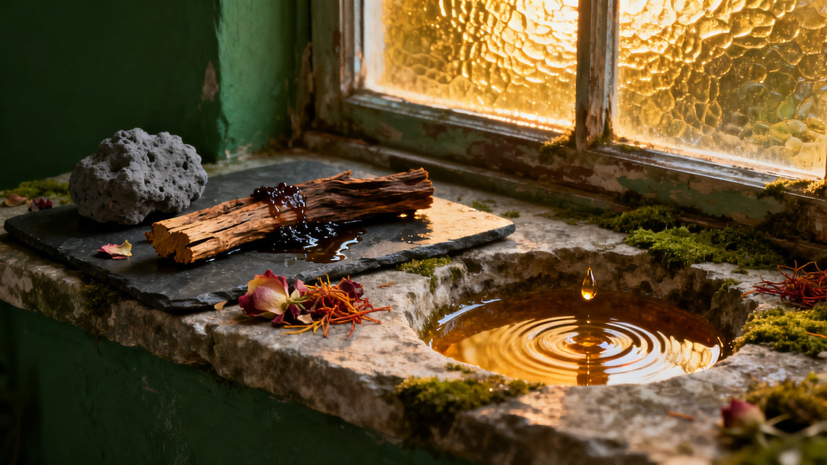 A single drop of amber oil hangs motionless in the air above a pool of oil held in a hollowed stone windowsill, with agarwood chips, dark resin, grey ambergris, rose petals and saffron threads scattered on wet slate in blooming gold light.