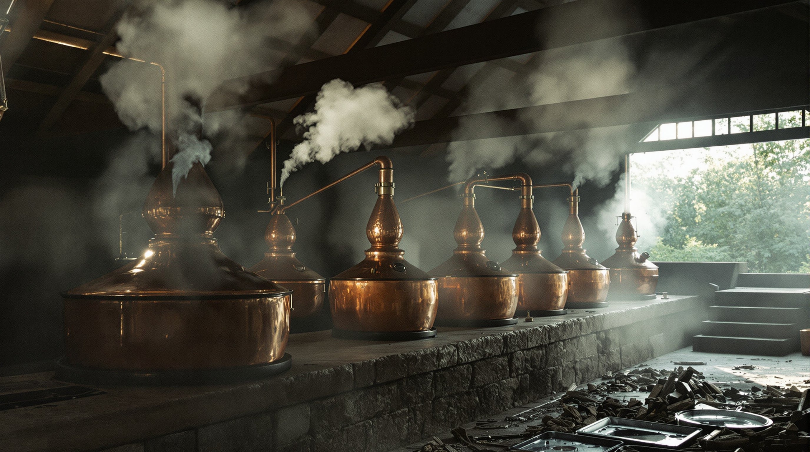 Six copper distillation stills lined along a stone bench in a humid open-sided shed at dawn