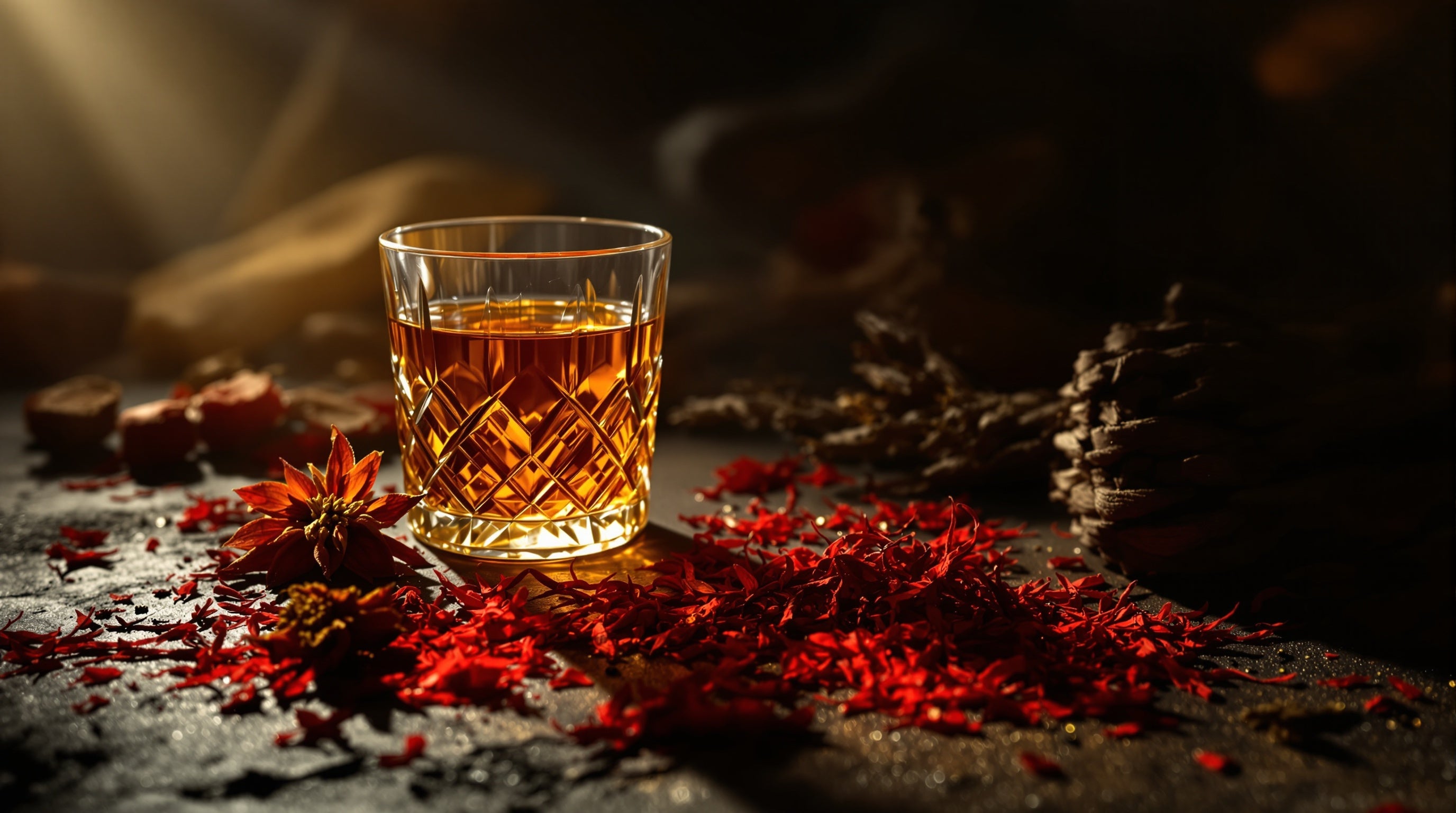 Oud wood, saffron threads and amber liquor in a dramatic beam of light, evoking Initio
