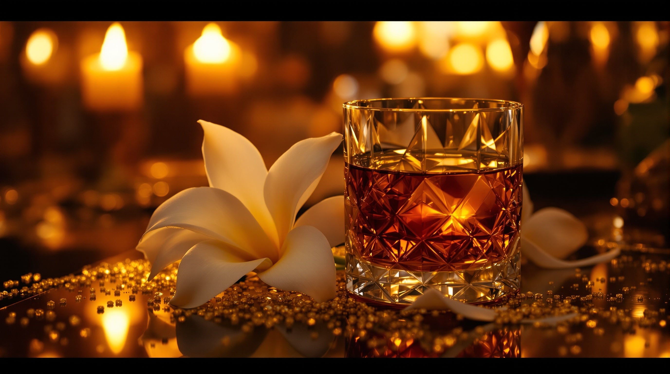 Dark cognac, tiare flowers and gilded surfaces in warm nightclub glow, evoking Kilian