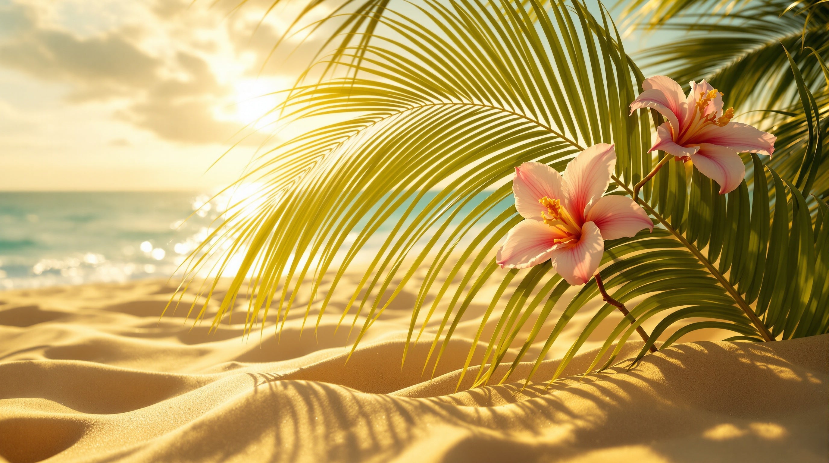 Neon palms, vanilla orchids and warm sand at golden hour, evoking Lost Tribe