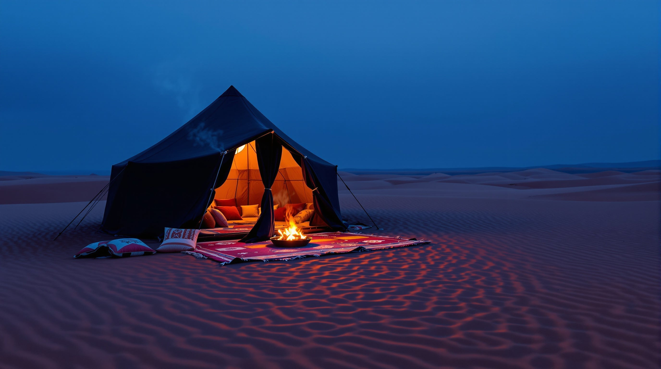 A lone dark nomadic tent glowing from within on desert dunes at dusk with fragrant smoke drifting from its open doorway.