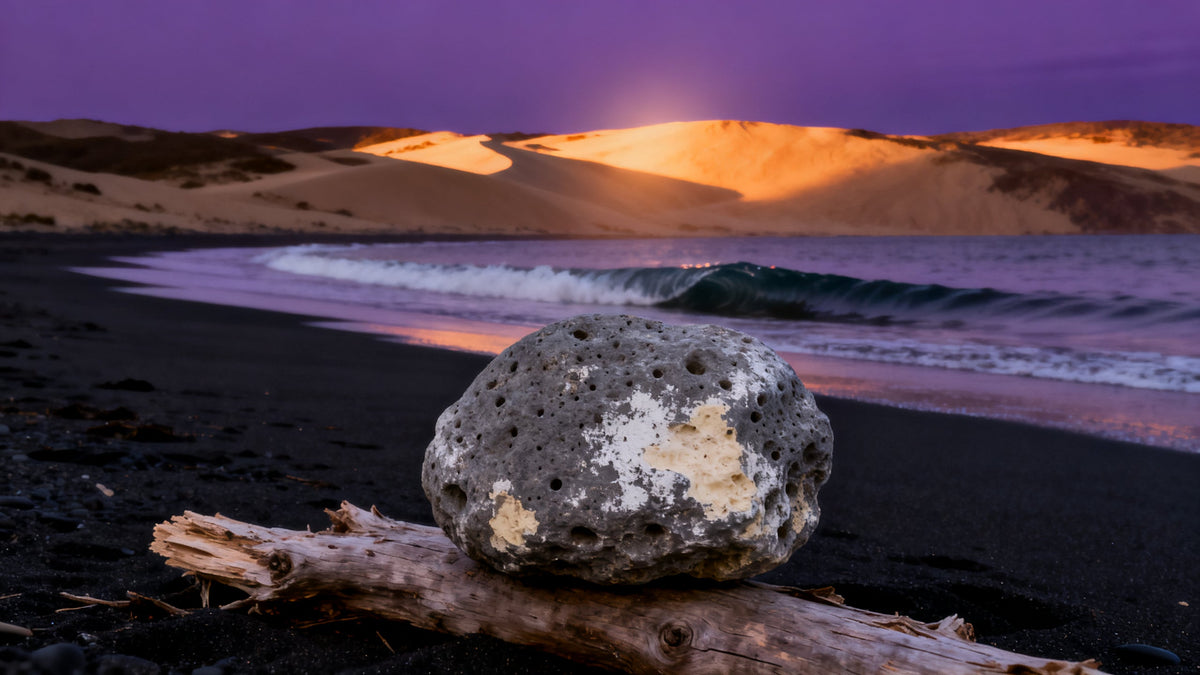 A marbled grey-and-cream lump of ambergris on driftwood at the tideline of a black-sand beach at dusk, a wave curled above it and holding still.
