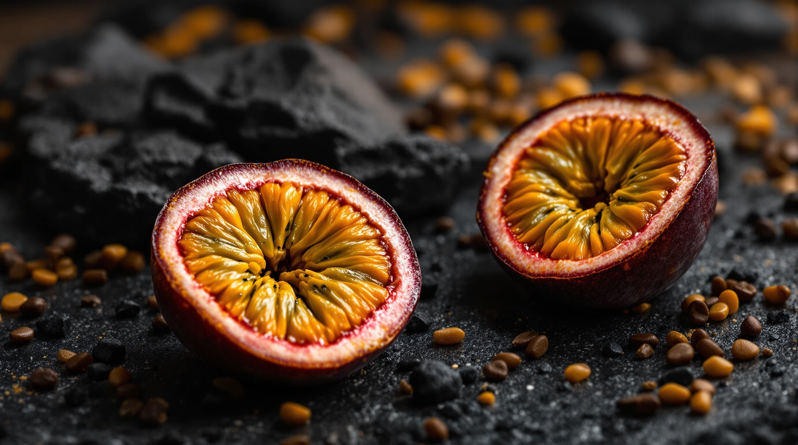 Ripe passionfruit and dark oud wood against volcanic black stone, evoking Maison Crivelli