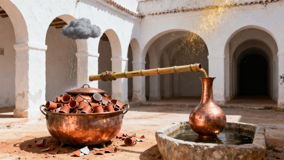 A copper cauldron heaped with broken terracotta cups in a sunlit whitewashed courtyard, a bamboo pipe running to a copper vessel in water, and a small grey raincloud raining onto the clay.