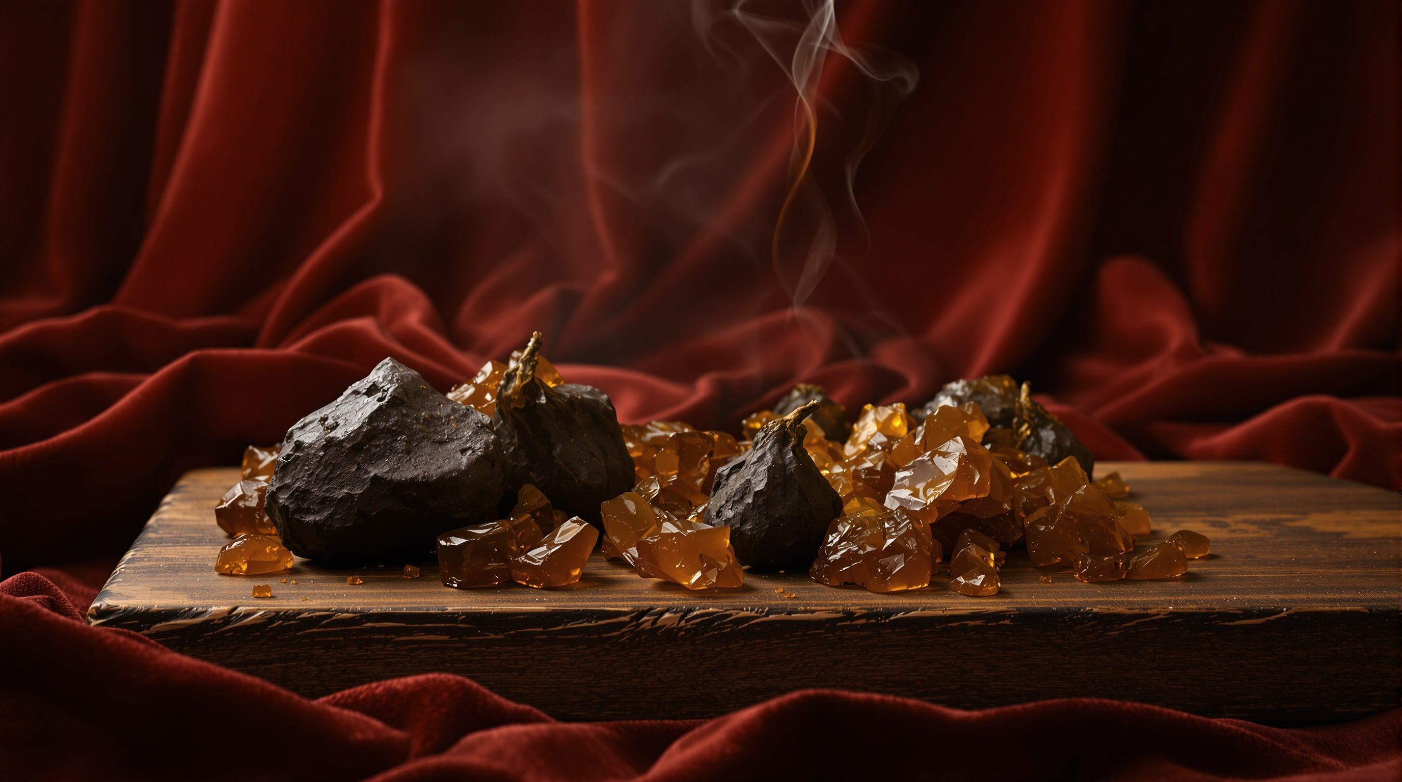Dark musk pods and raw amber resin on aged wood against deep red velvet, with a ribbon of incense smoke